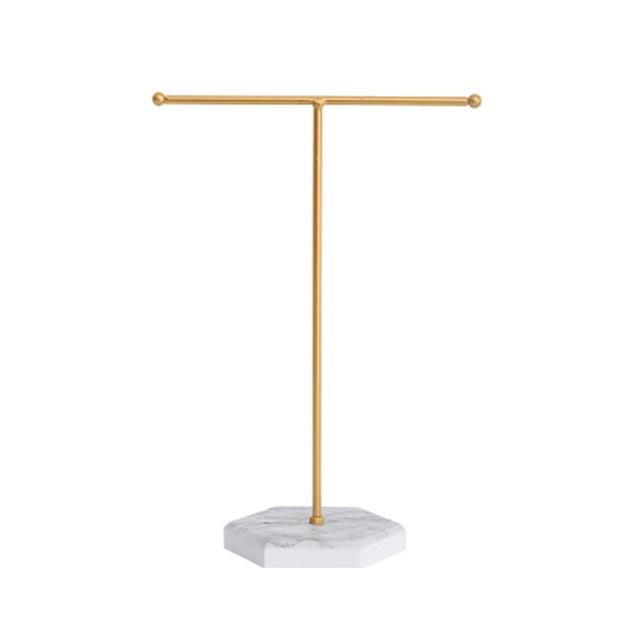 Jewelry Organizer Stand Display Necklace Holder T-Bar Plated Metal Desk Organizer Tower for Show Jewelry Hanging Pendant Earring Bracelet Ring Accessorie with White Marble Plywood Bases, White