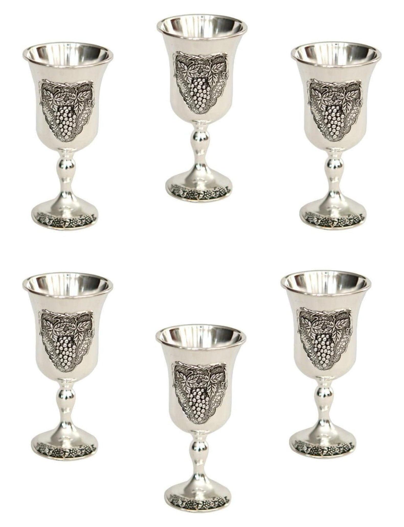 Set of 6 Silver Plated Kiddush Cups with Grapes Design