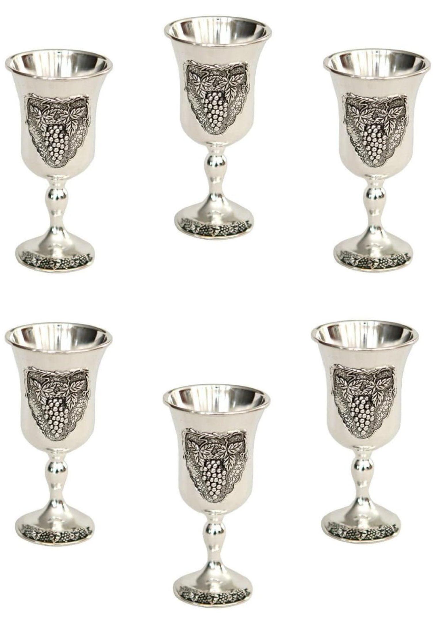 Set of 6 Silver Plated Kiddush Cups with Grapes Design