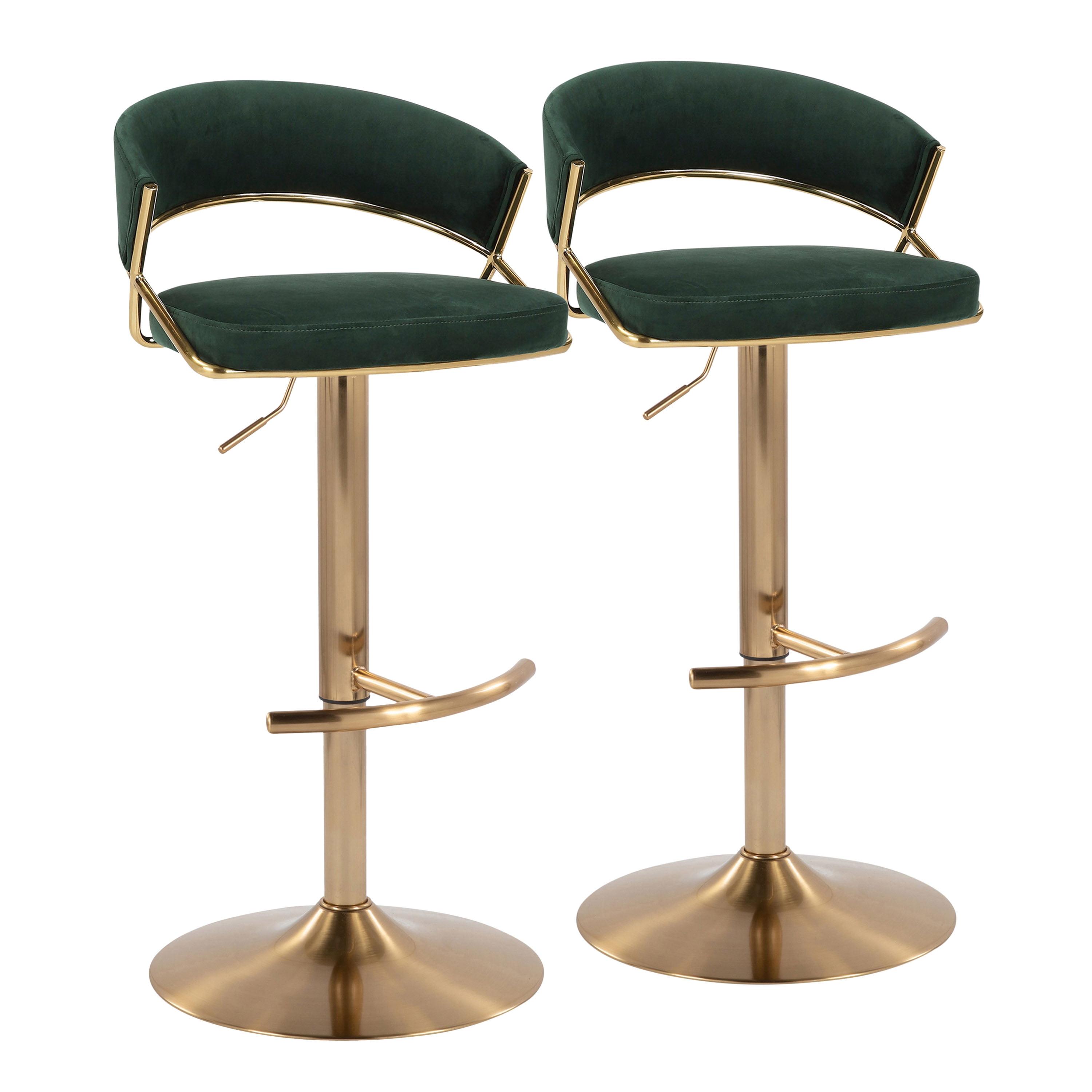 Set of 2 Green Velvet and Gold Adjustable Swivel Bar Stools