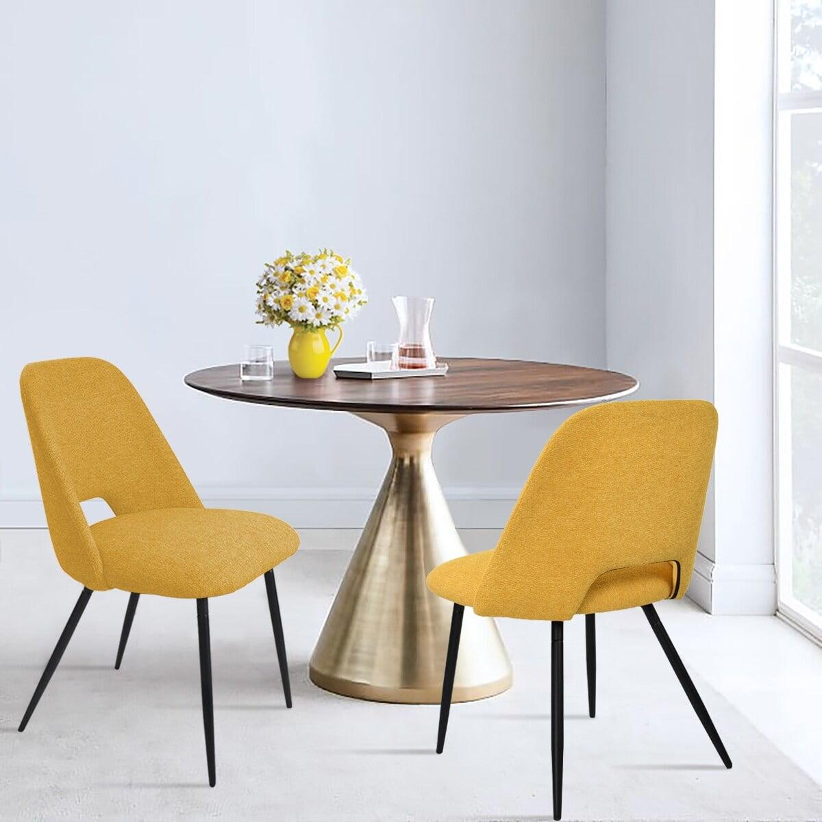 Yellow Upholstered Side Chair with Cutout Back and Black Legs