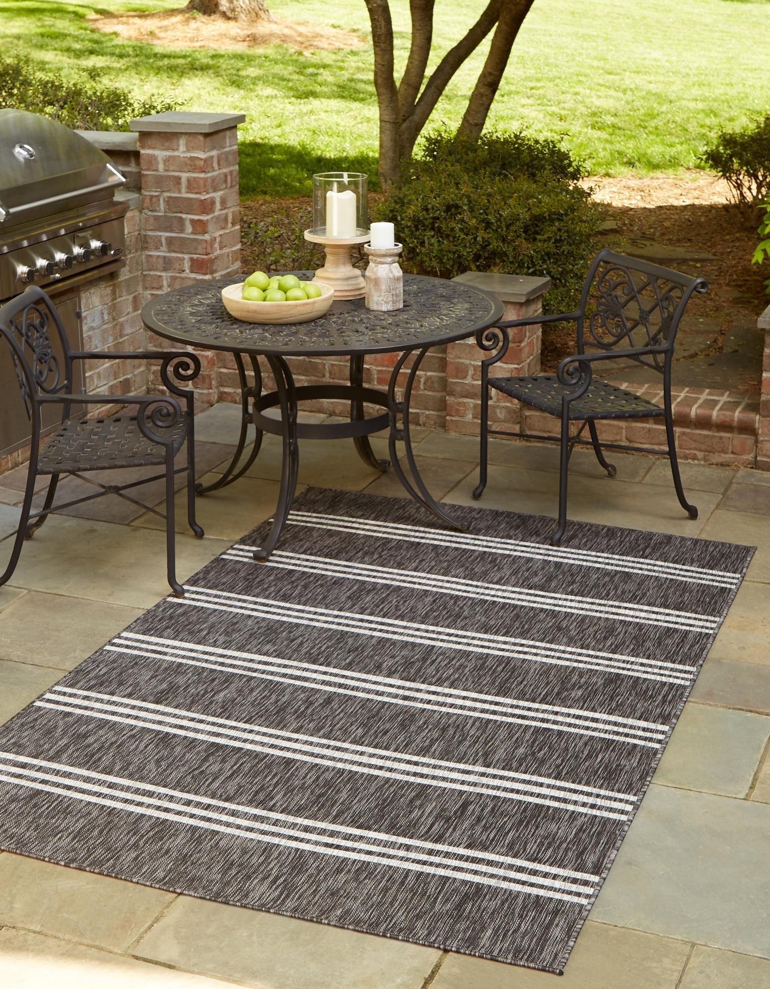 Charcoal and Gray Striped Outdoor Rectangular Rug 9' x 12'