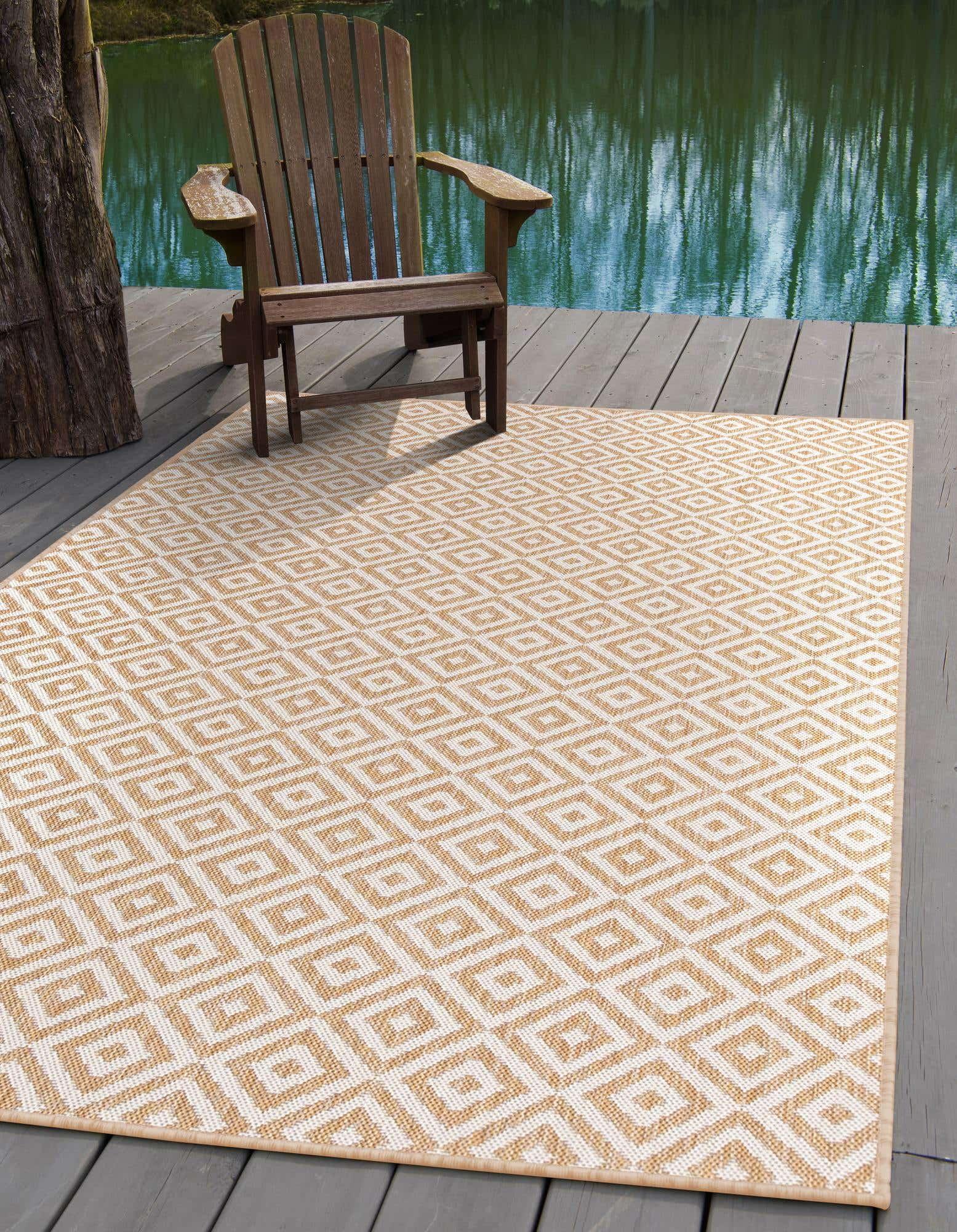 Beige Geometric 4' x 6' Easy-Care Synthetic Outdoor Rug