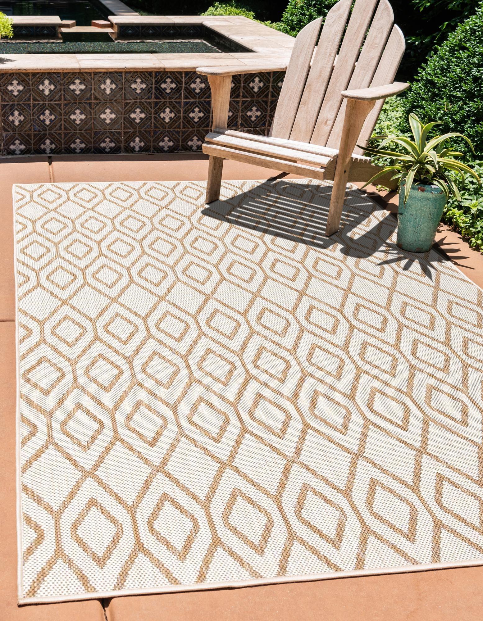 Beige and Brown Trellis Outdoor Rectangular Rug 5' x 7'