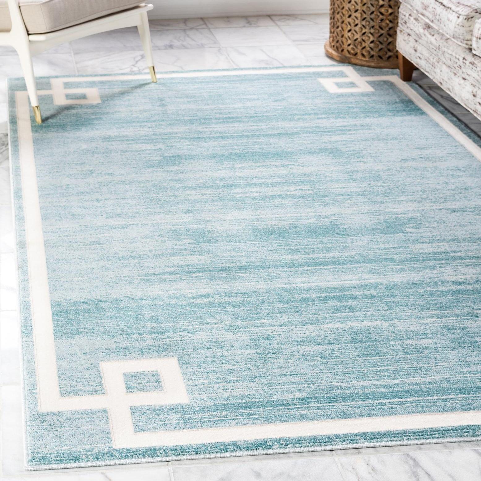 Turquoise and Ivory Rectangular Stain-Resistant Synthetic Rug 4' x 6'