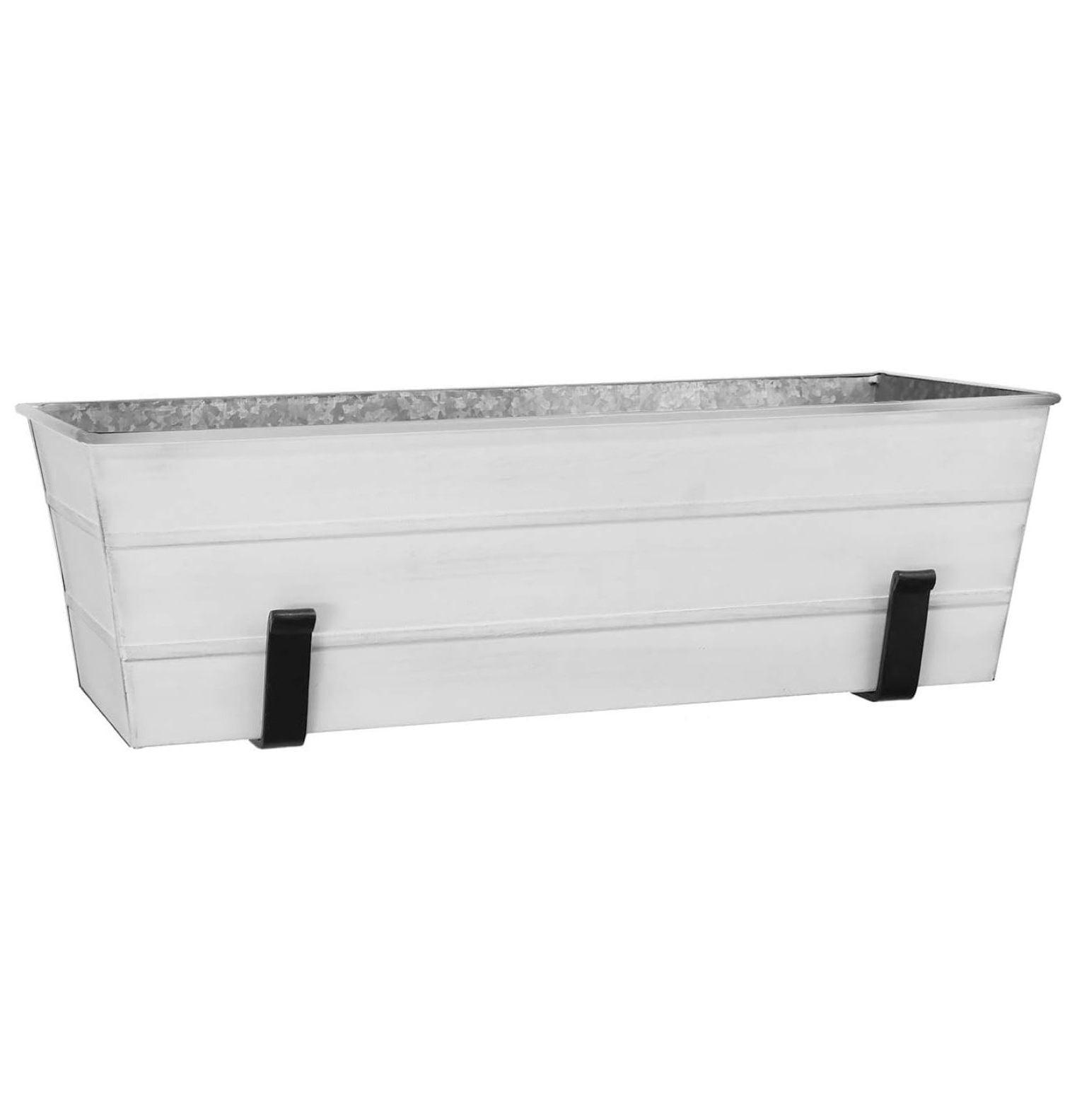 Medium White Galvanized Steel Flower Box with Wall Brackets