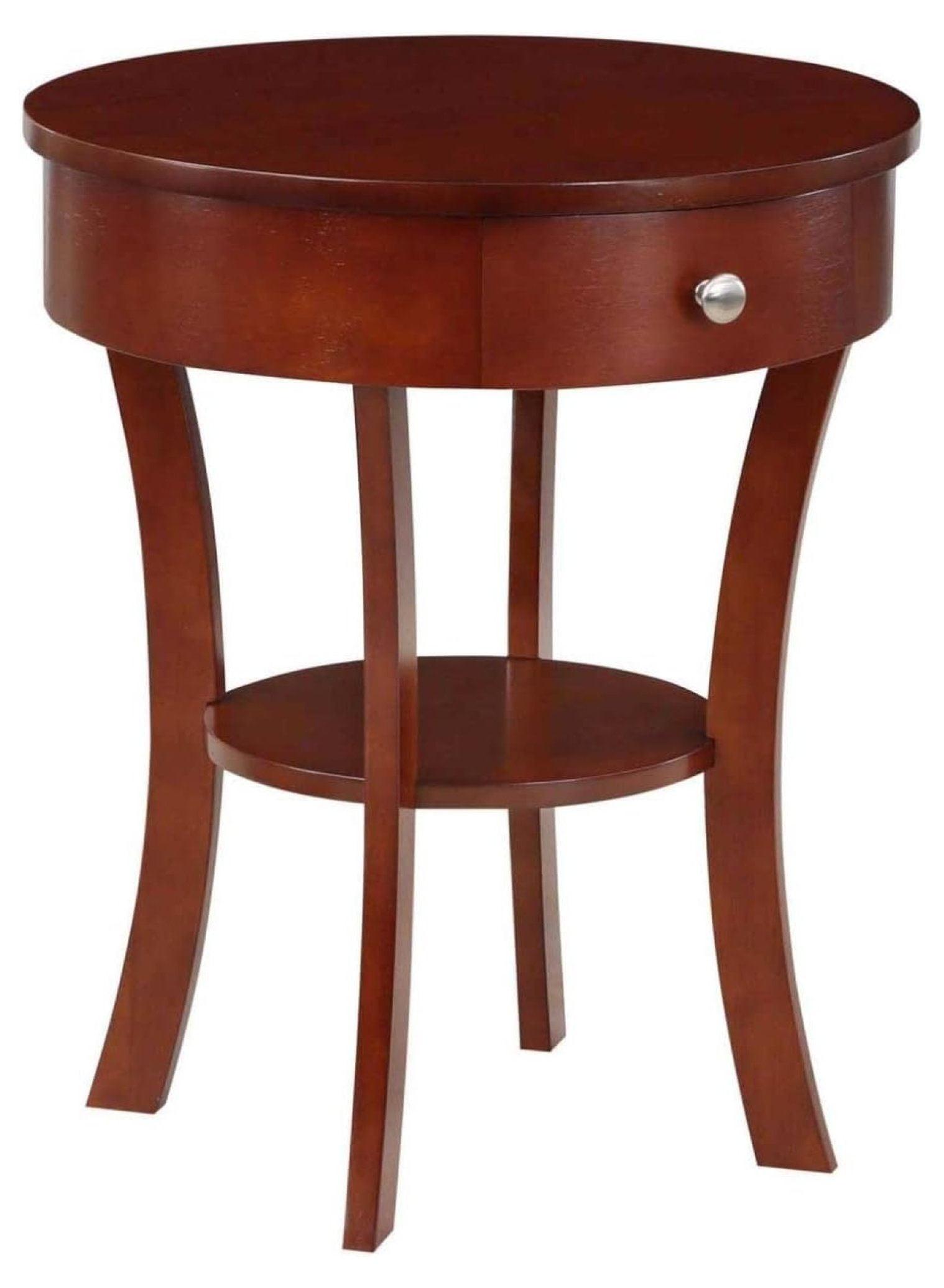 Mahogany Round Wood and Metal End Table with Storage