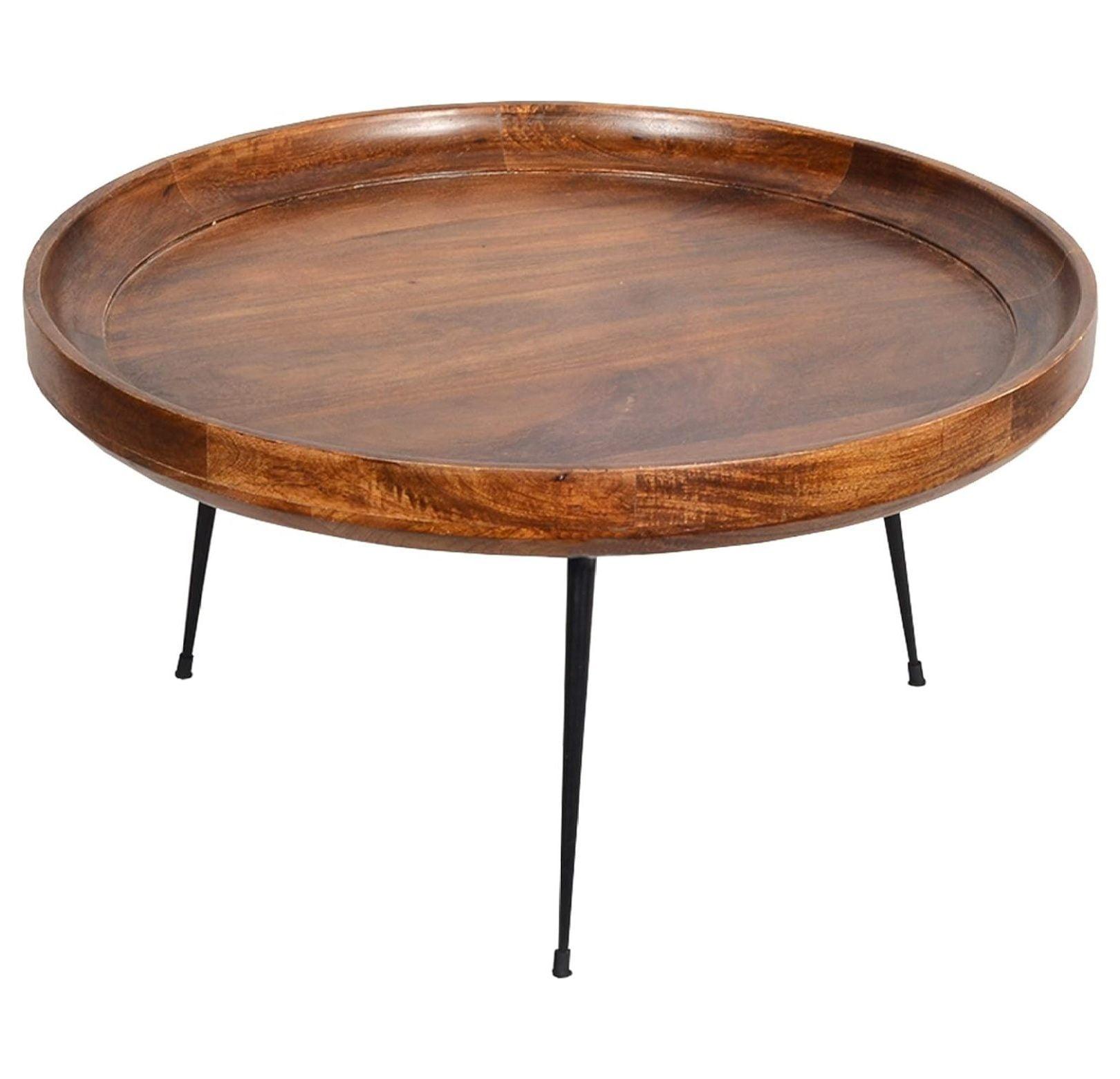 Round Mango Wood Coffee Table with Splayed Metal Legs, 30"