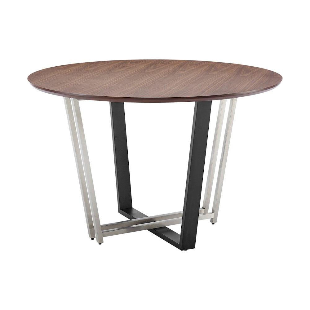 Armen Living 48" Joana Round Brushed Stainless Steel Iron Base with Tabletop Dining Table Black/Walnut