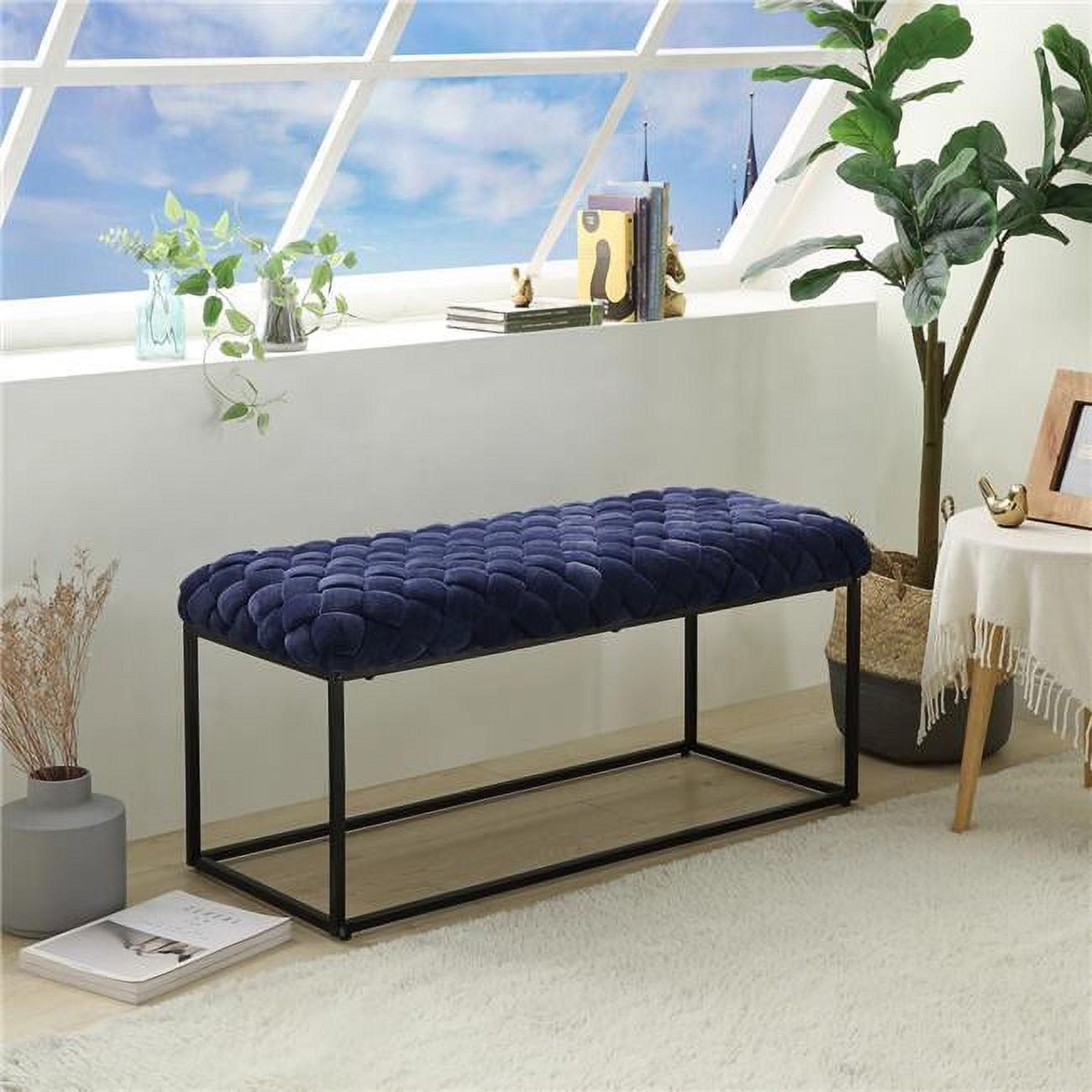 Joaquin Rectangular Bench Navy Blue Velvet  Upholstered Hand Woven