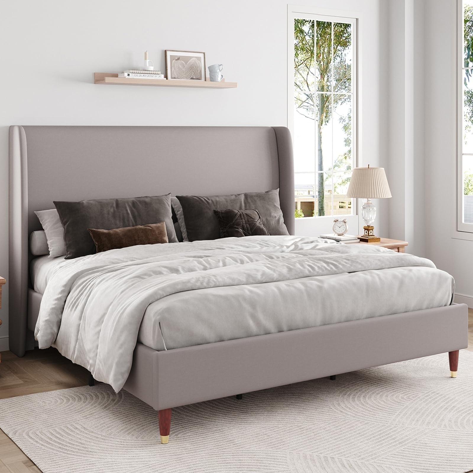 Merluxy 51.2" Full Bed Frame for Adult,Upholstered Bed Frame with Wingback Headboard,Light Grey