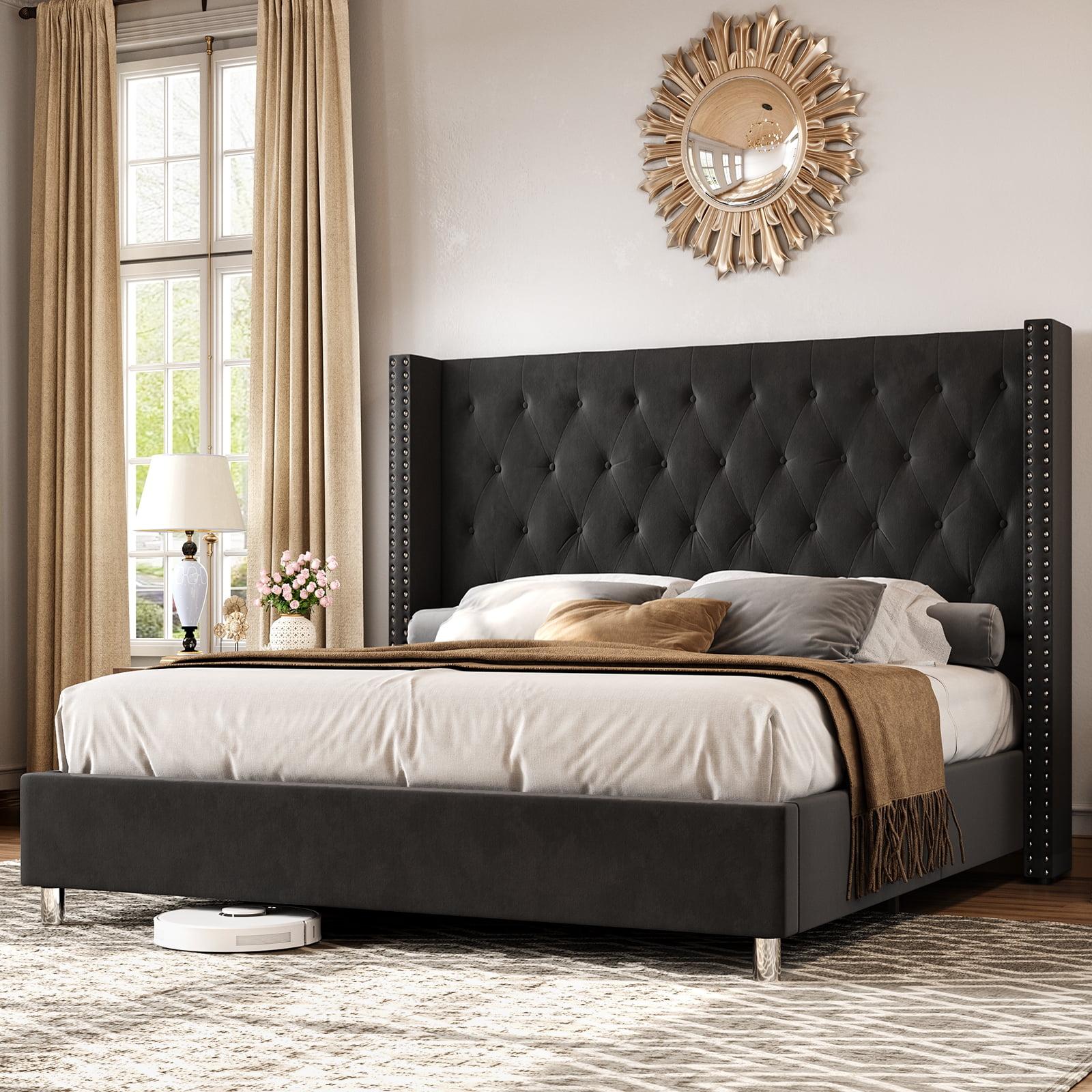 Queen Black Velvet Upholstered Wingback Bed with Nailhead Trim