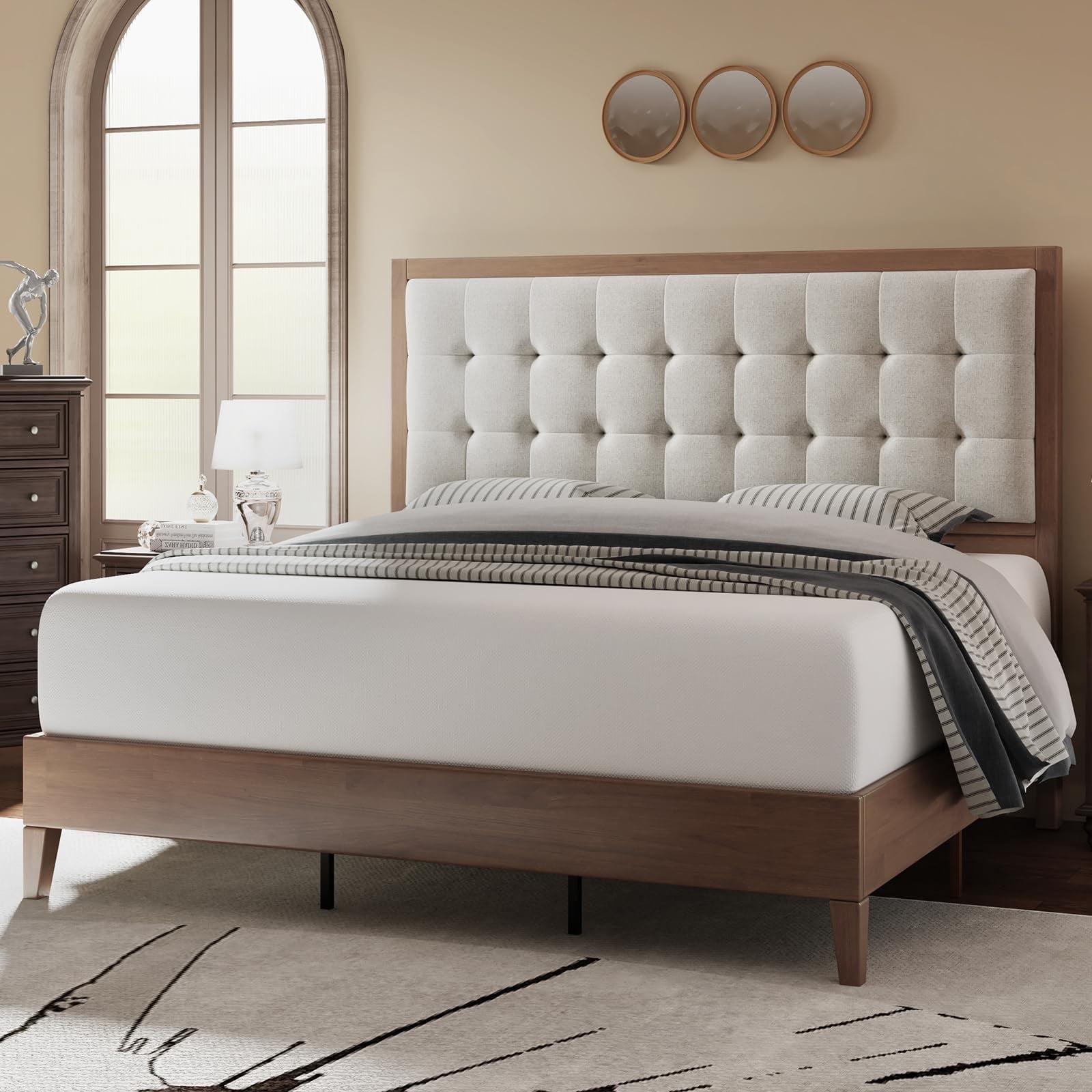 Walnut Full Size Wood Platform Bed with Tufted Linen Headboard