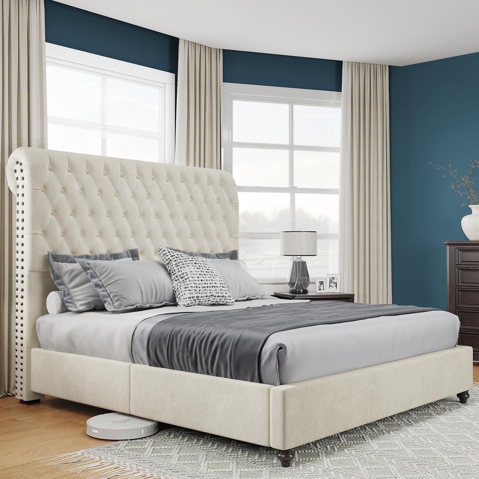 Cream Velvet Upholstered Queen Platform Bed with Tufted Headboard