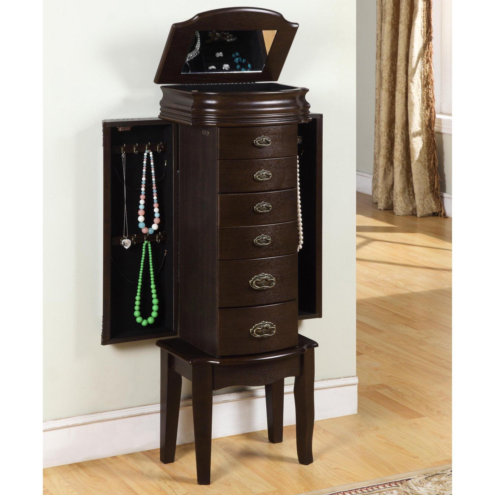 Espresso Transitional Wood Jewelry Armoire with Mirror