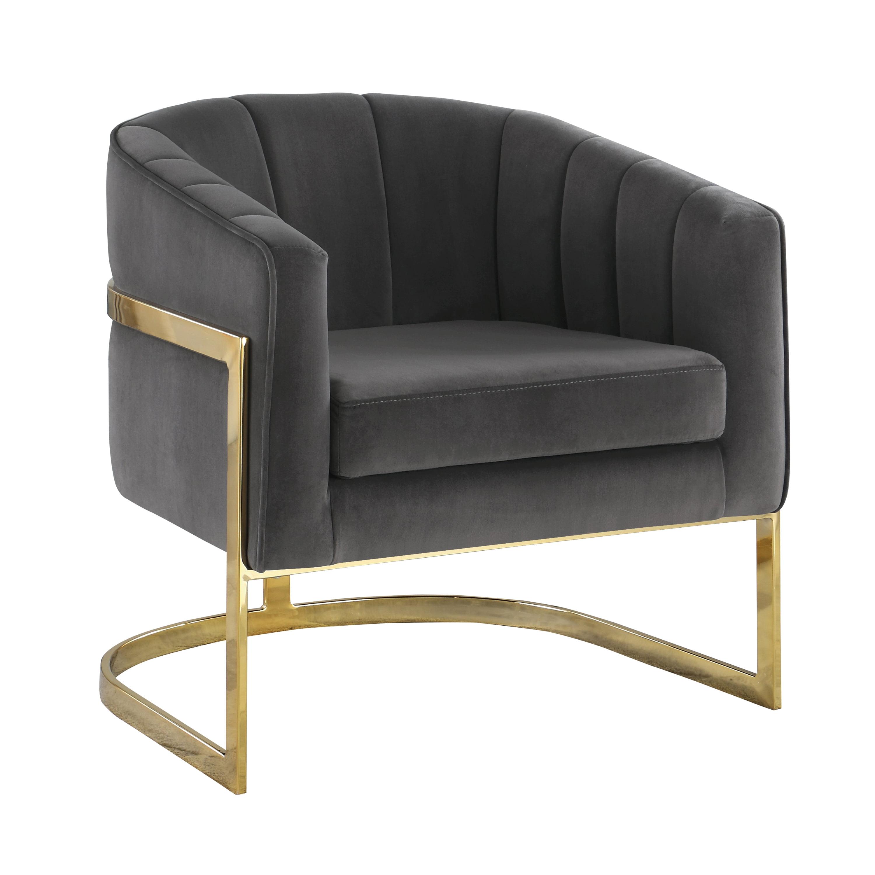 Transitional Tufted Gray Velvet Barrel Accent Chair with Gold Metal Base