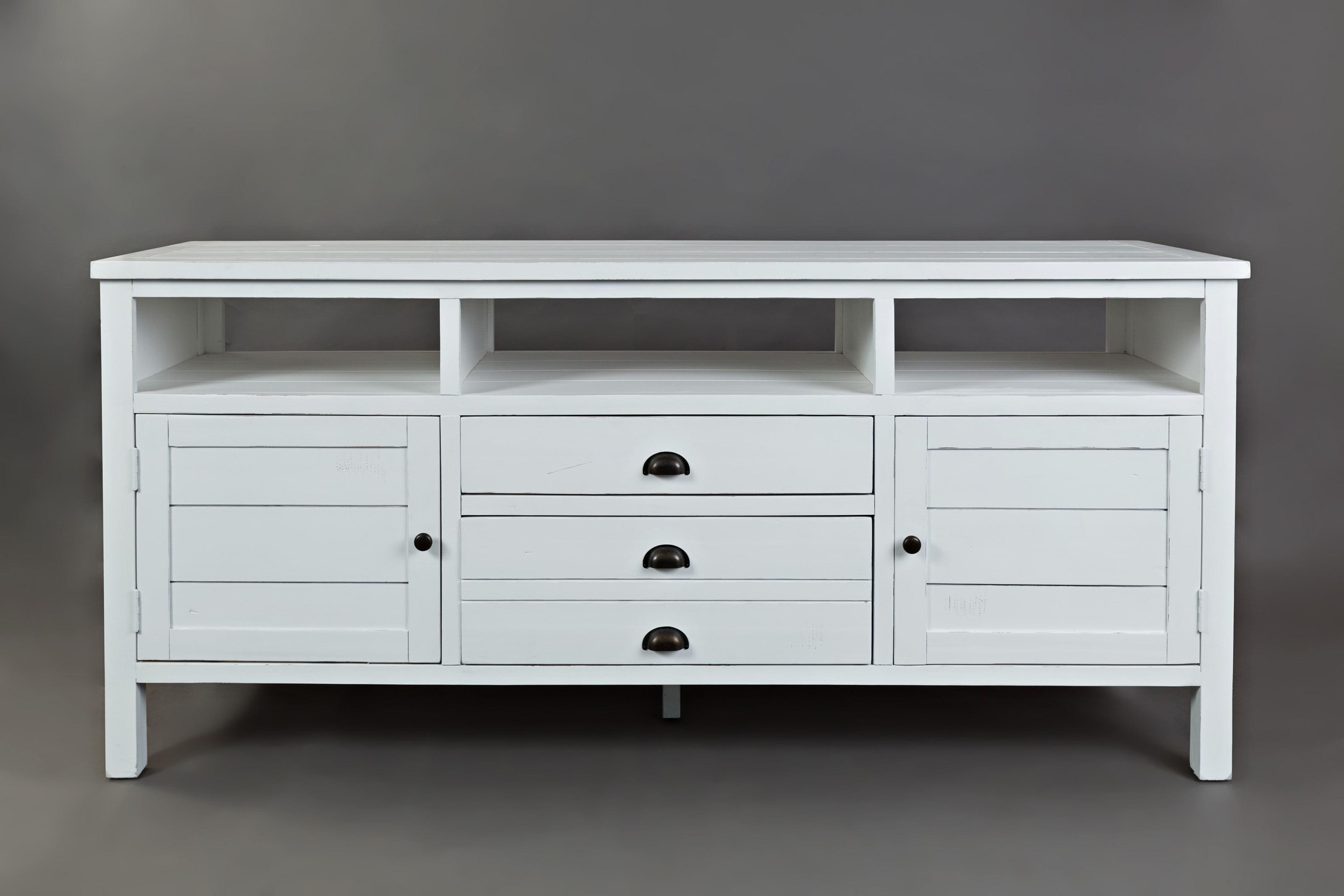 Transitional Weathered White Solid Acacia 70" Media Console with Cabinet