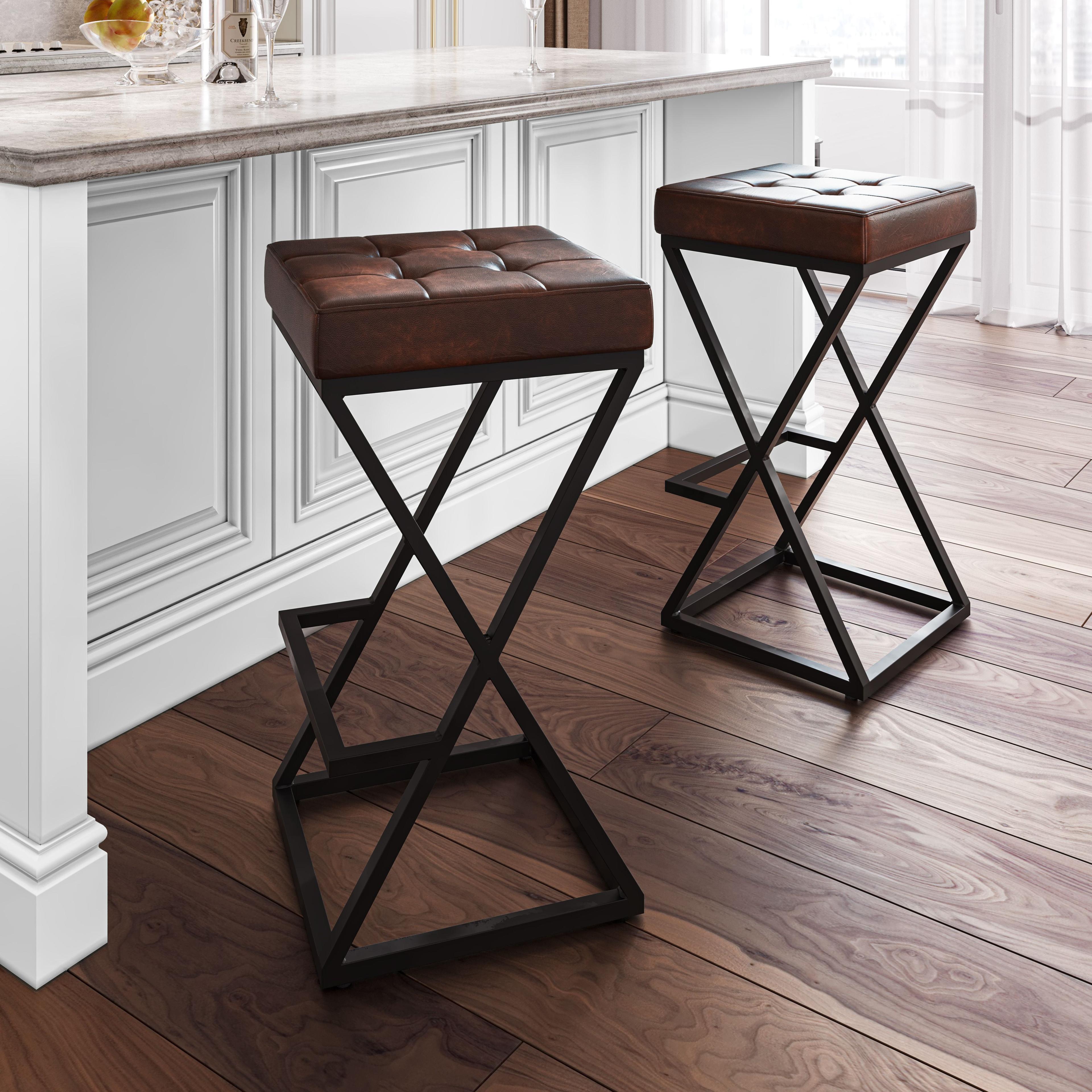 Transitional Saddle Brown Leather and Metal Counter Stool, 29''