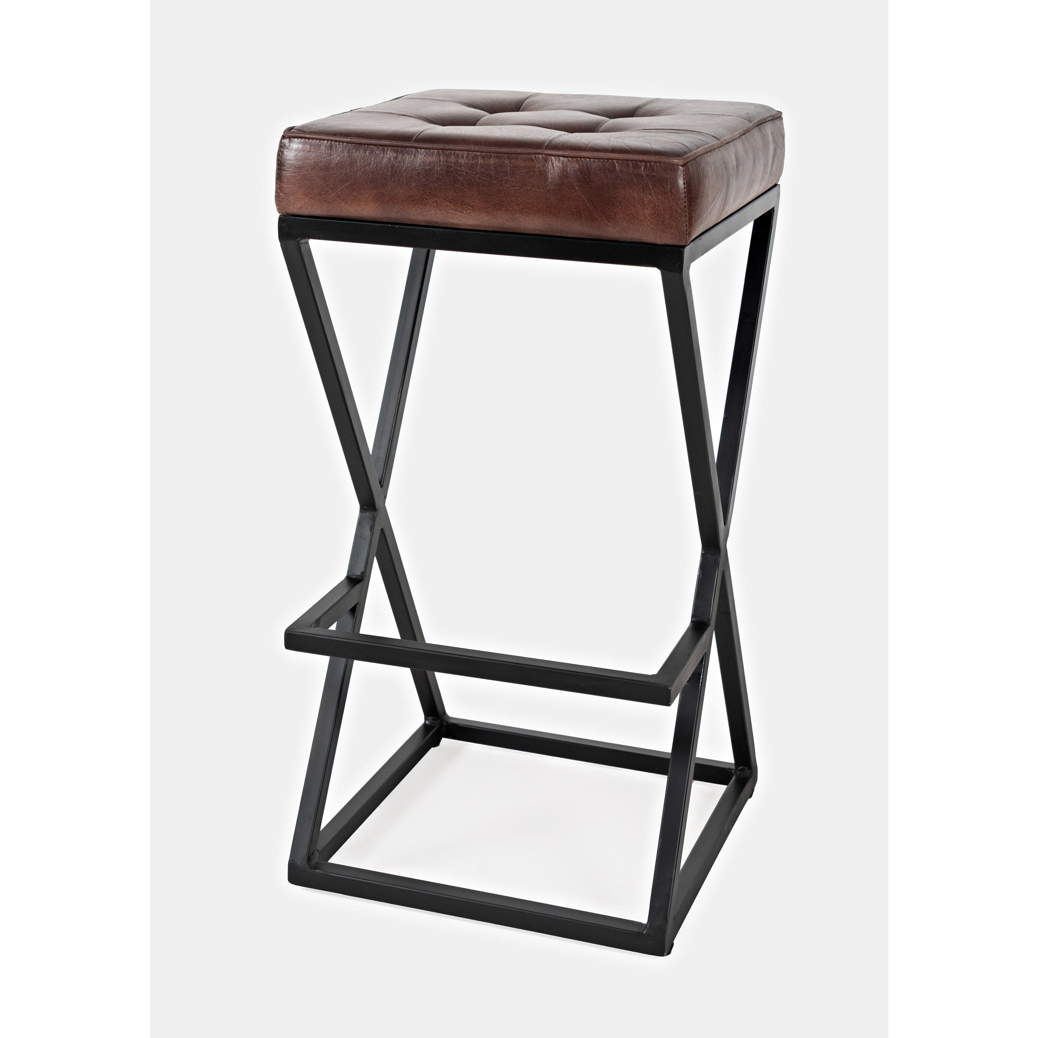 Transitional Saddle Brown Leather and Metal Counter Stool, 29''