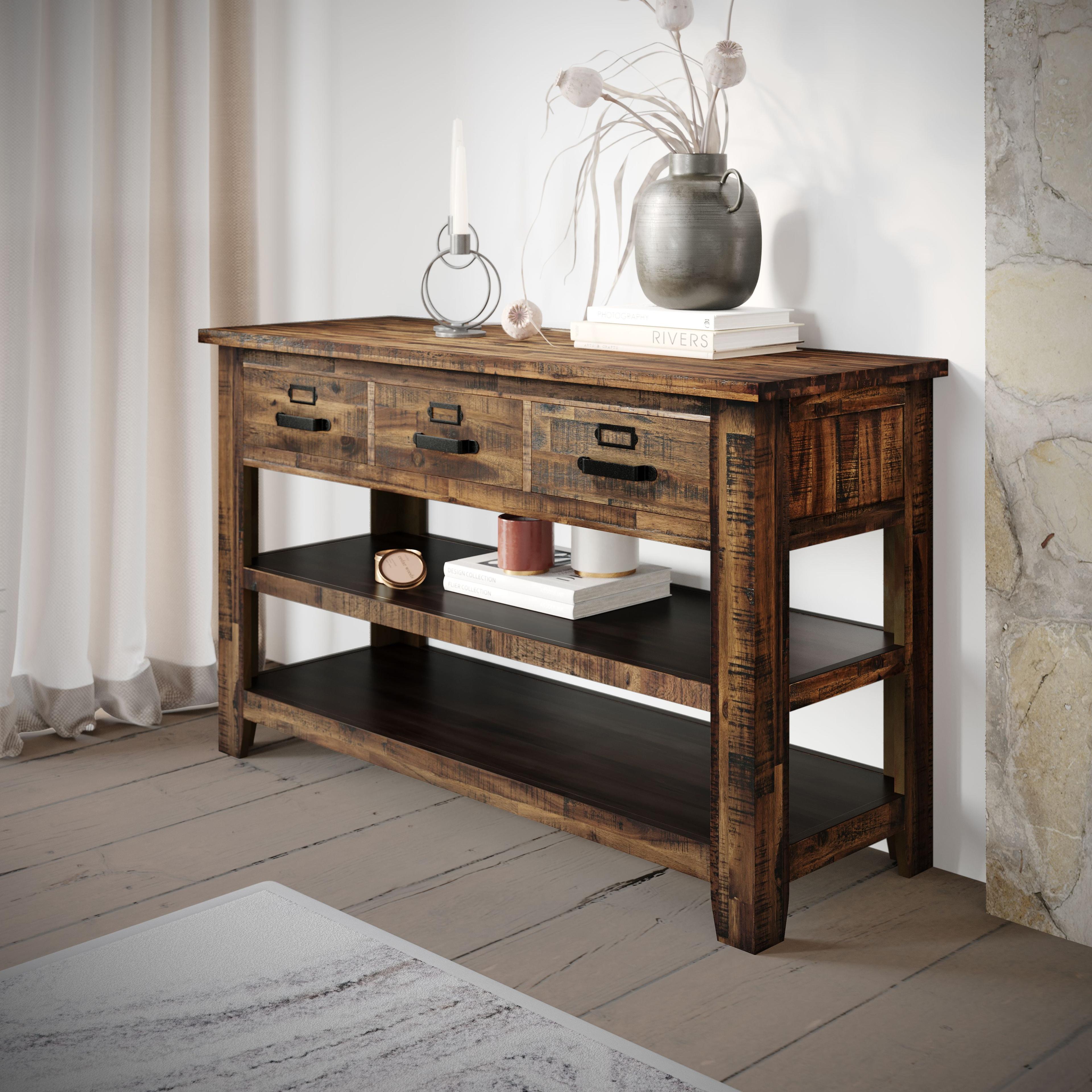 Rustic Acacia Wood 50" Sofa Table with Storage in Distressed Brown