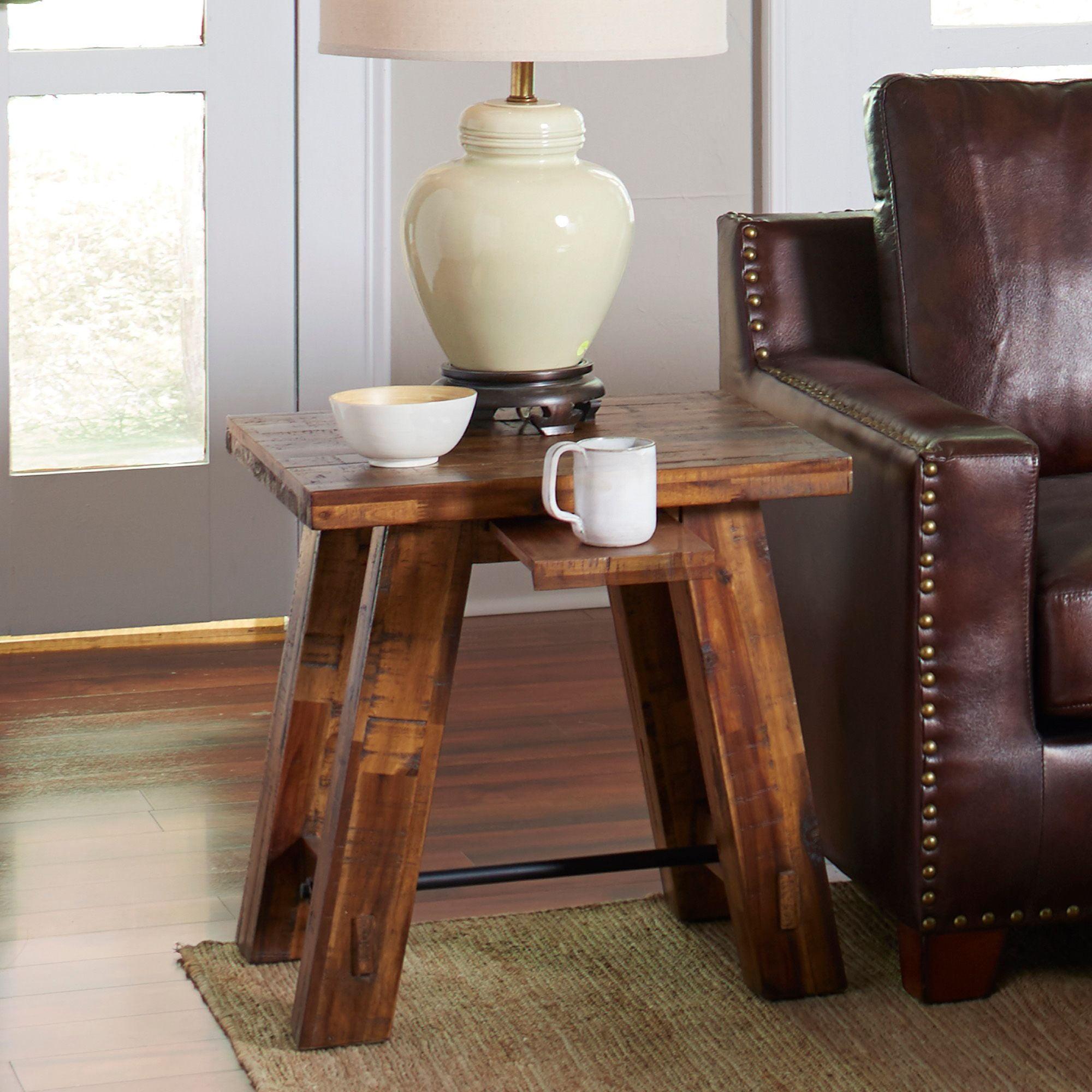 Rustic Brown Acacia Wood and Metal Square End Table