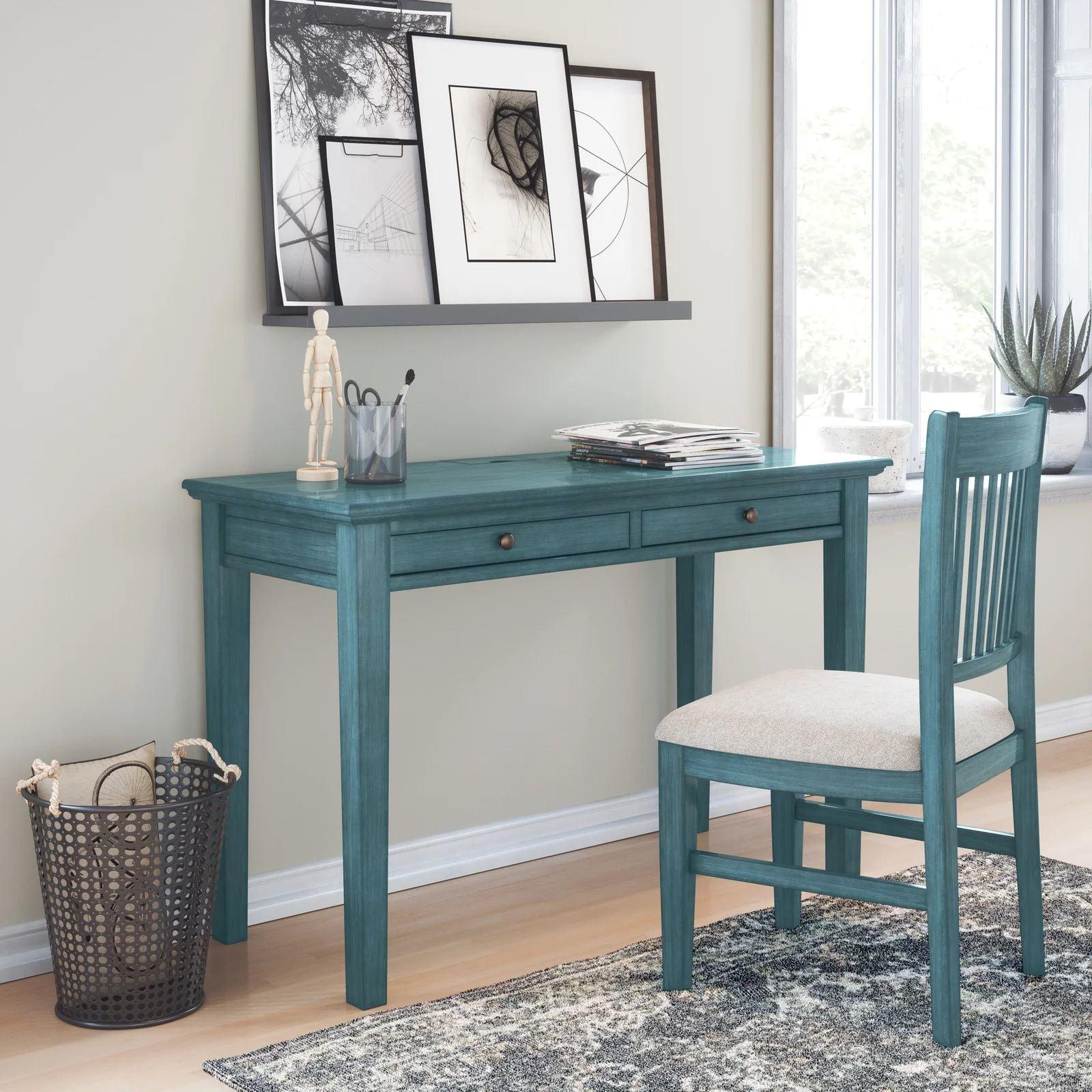 Antique Blue Fabric Slat-Back Transitional Desk Chair