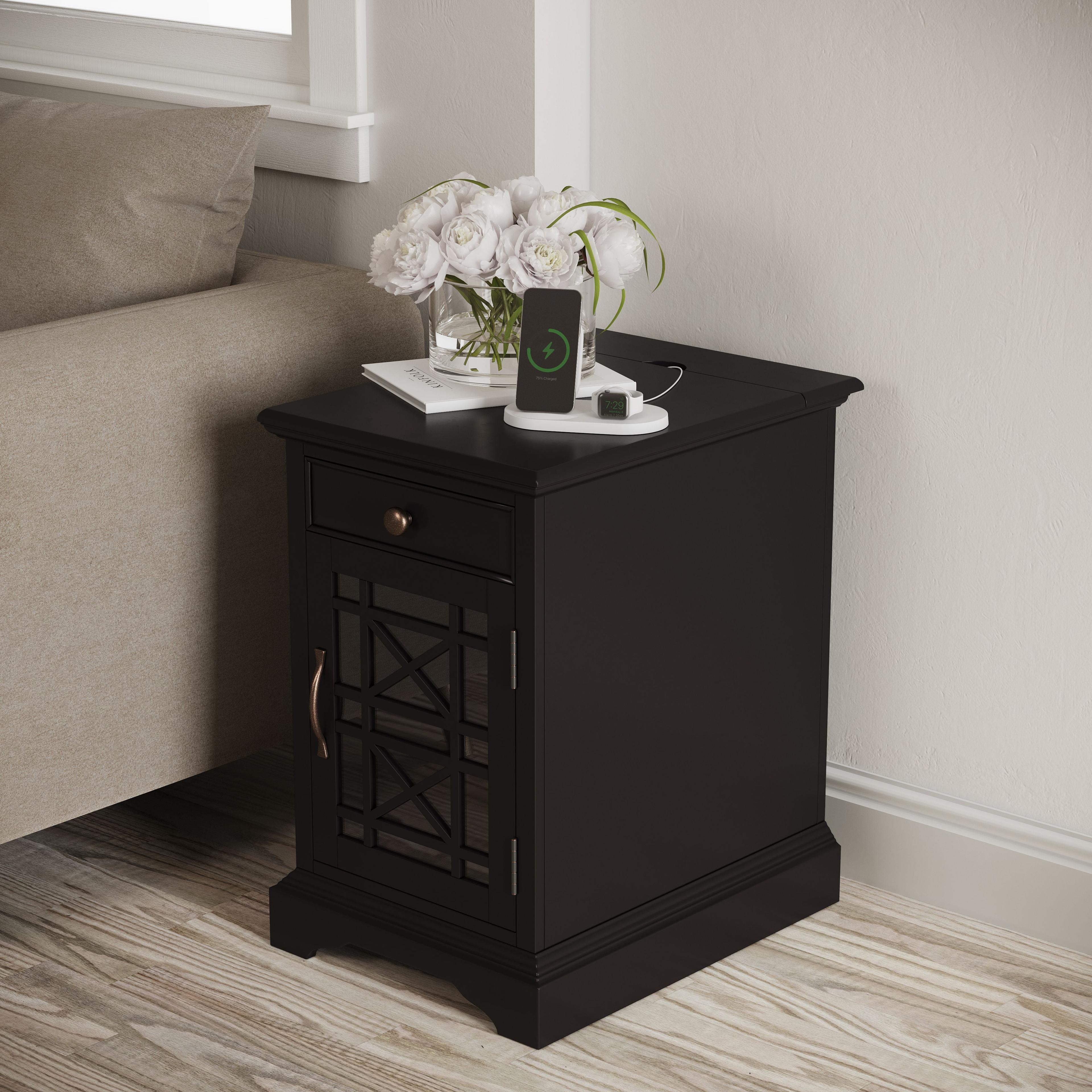 Black Wood Rectangular End Table with Storage and USB Charging