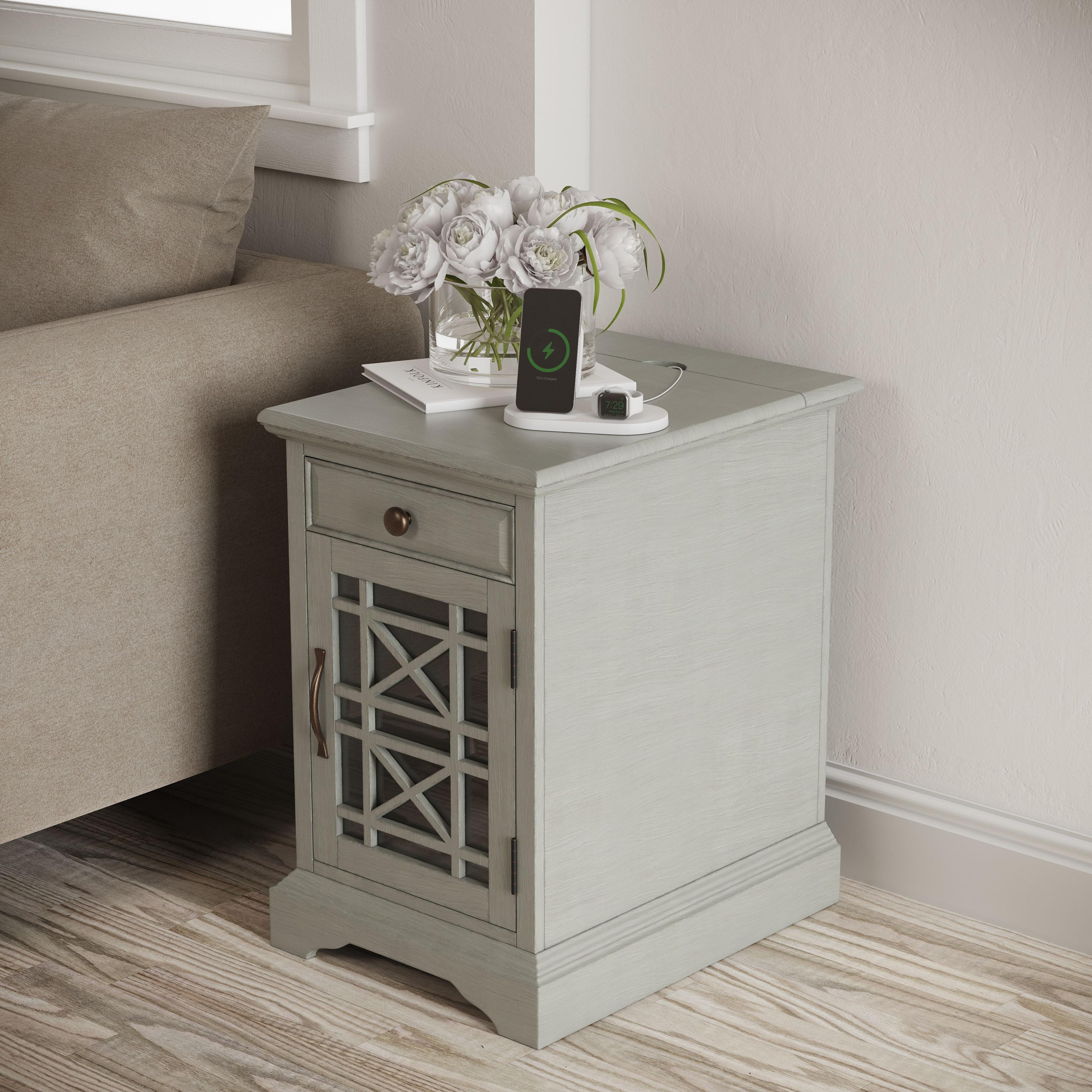 Earl Grey Transitional USB Charging Chairside Table with Glass Door