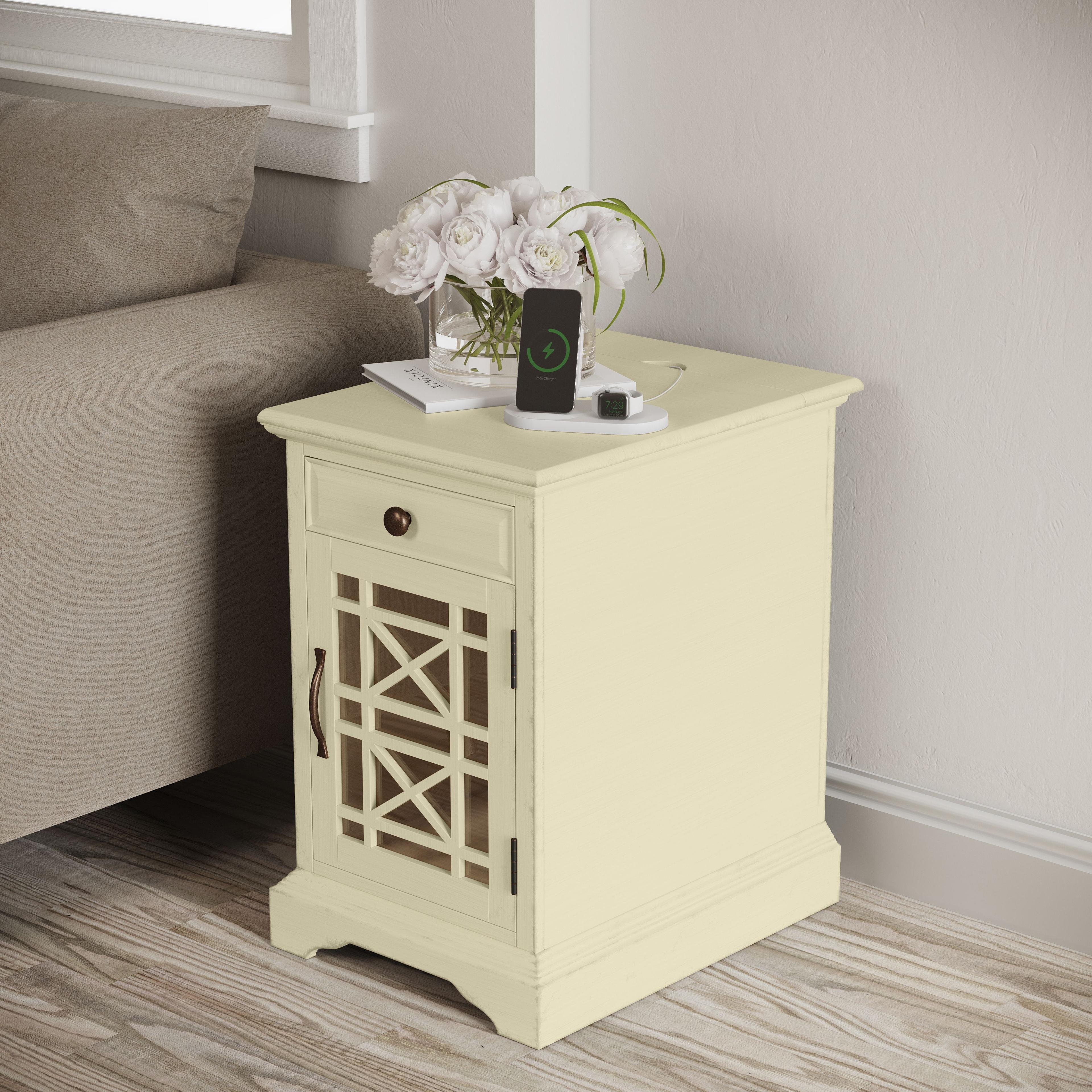 Transitional Cream Wood & Glass Chairside Table with USB Charging
