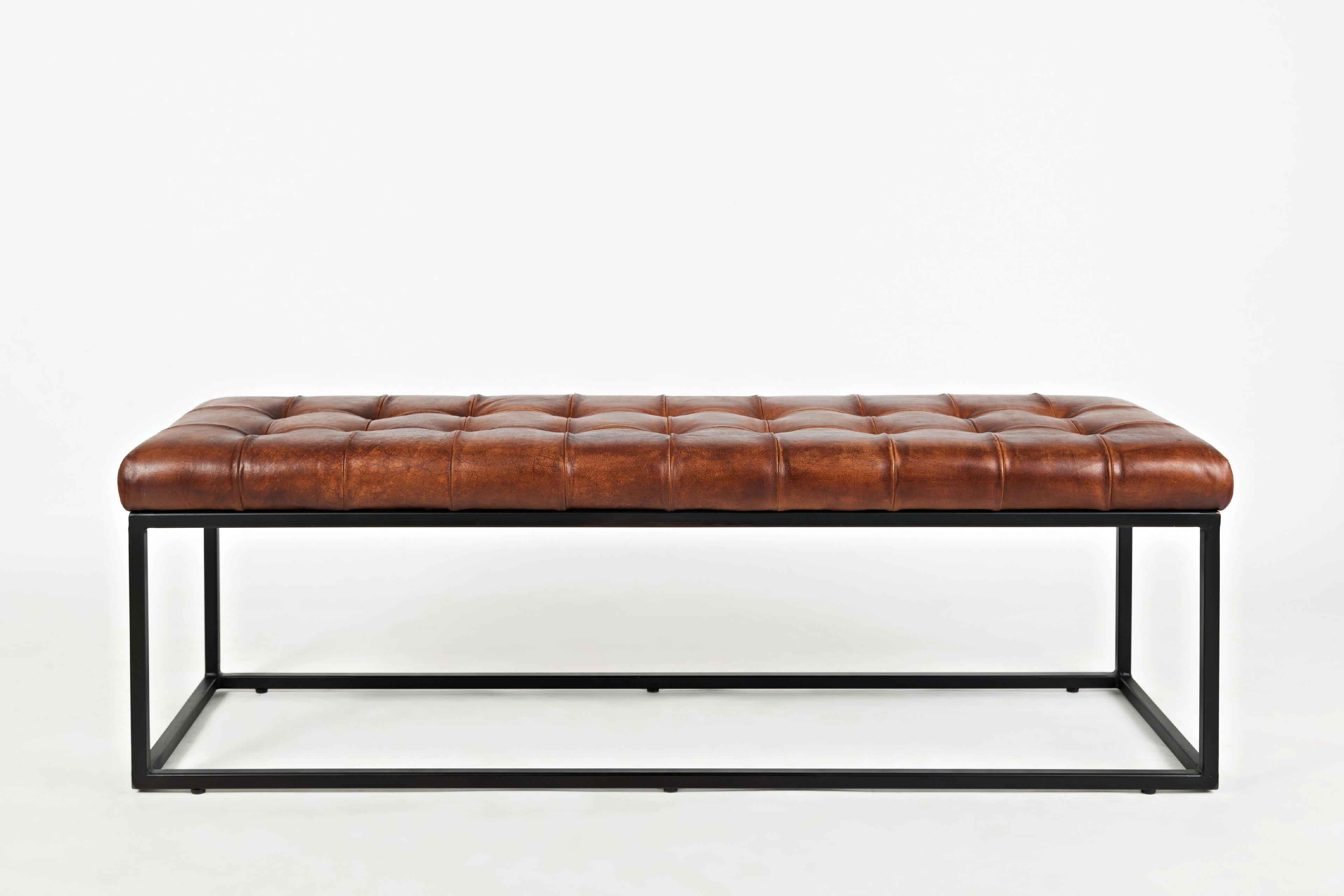 Transitional 55" Tufted Brown Leather Ottoman Bench with Metal Frame