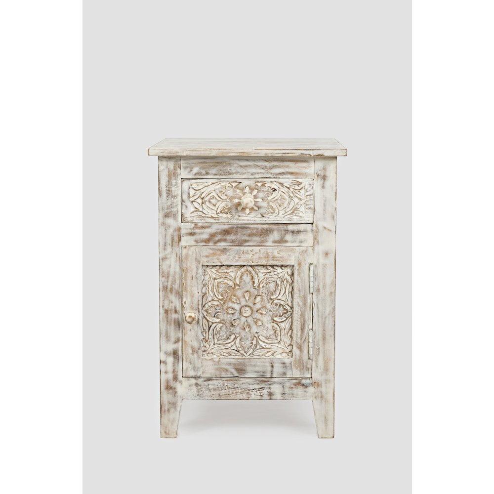 Jofran,Global Archive Hand Carved Mango Wood Accent Table- White Color