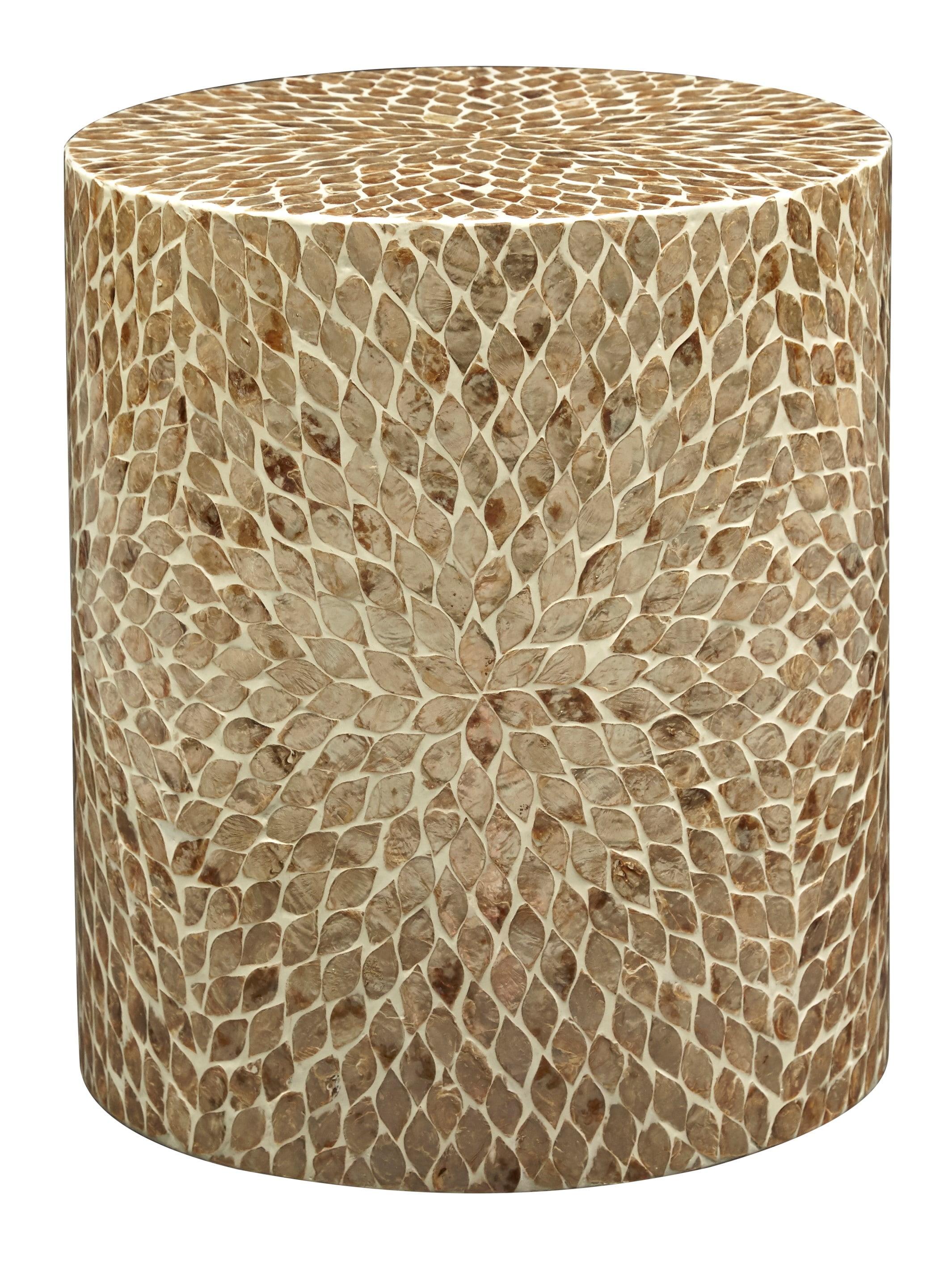 Transitional Cream Round Wood and Metal Capiz Shell Accent Table