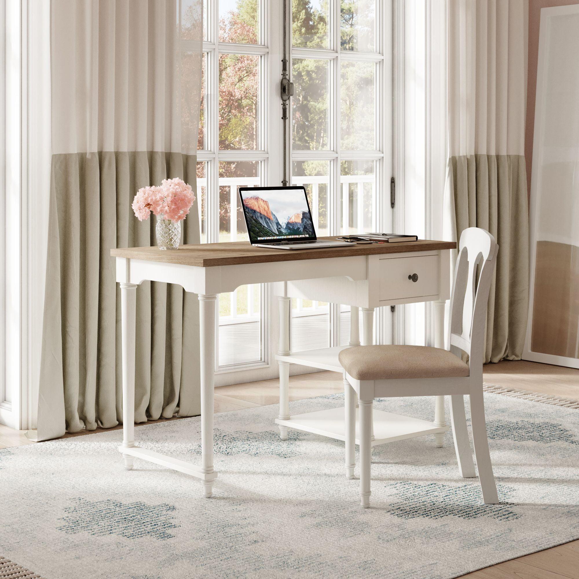 Transitional Brown & White Home Office Desk with USB & Power Outlet