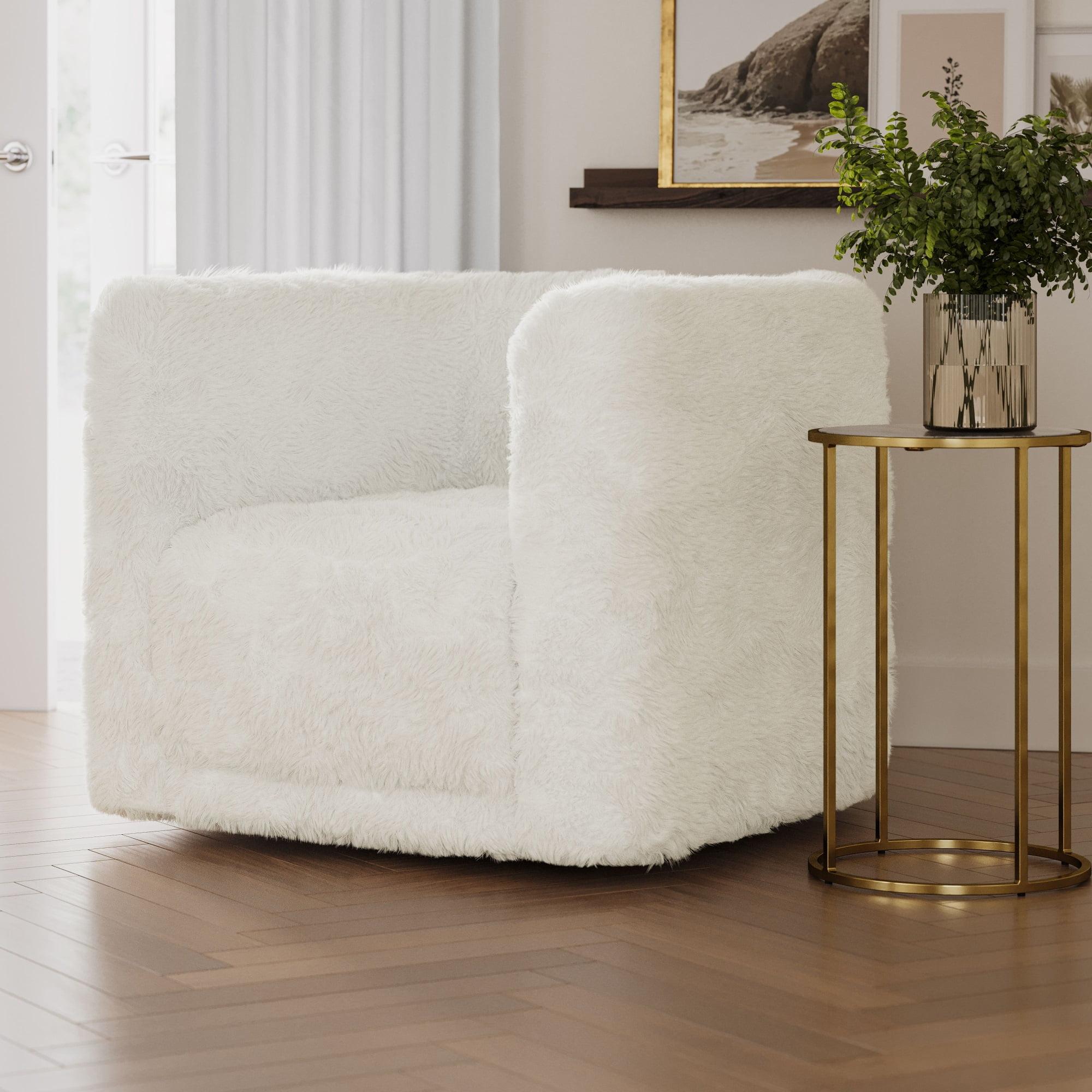 Huggy 33'' White Faux Fur Mid-Century Modern Swivel Accent Chair