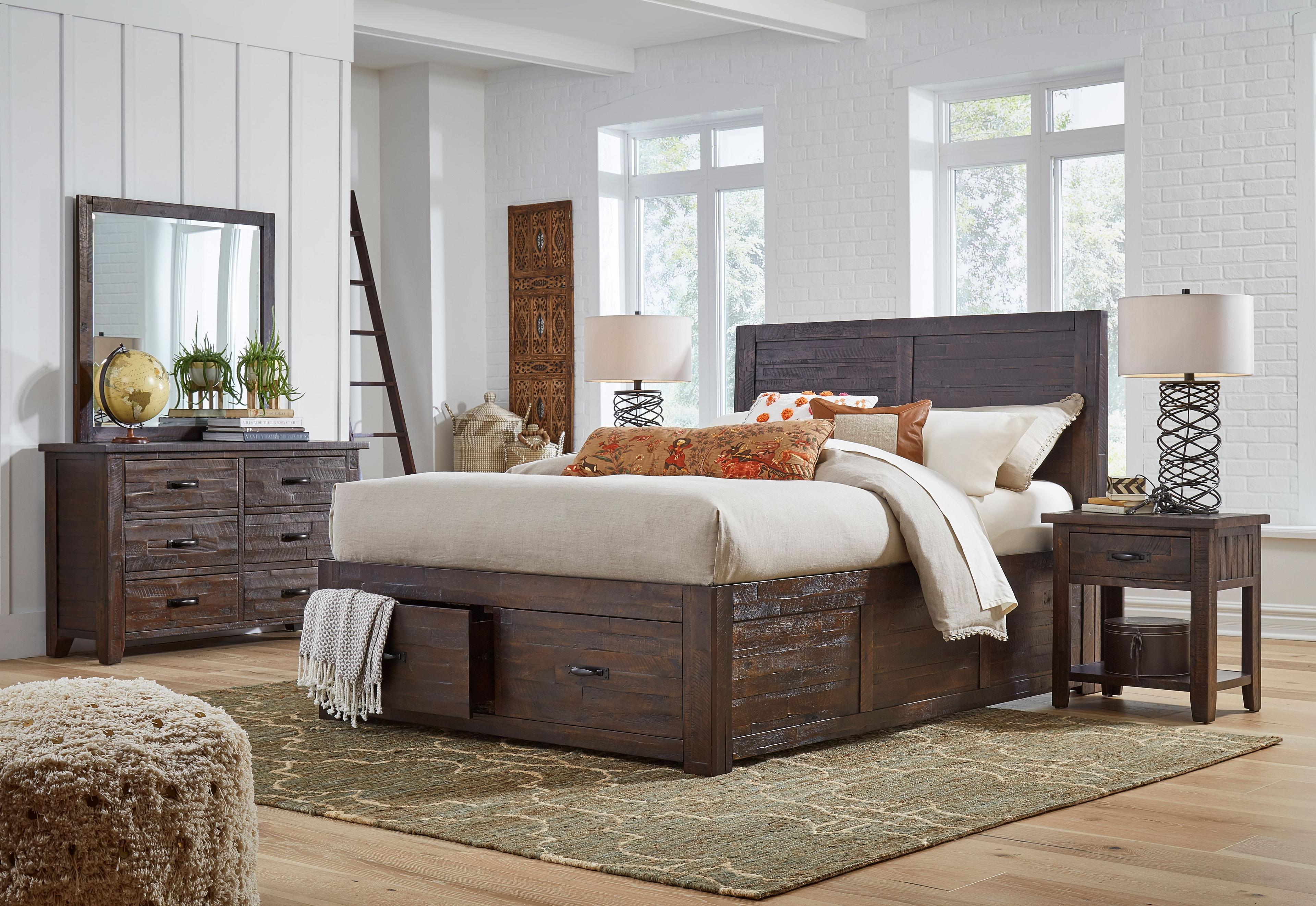 Brown Wood Queen Storage Bed with Upholstered Headboard