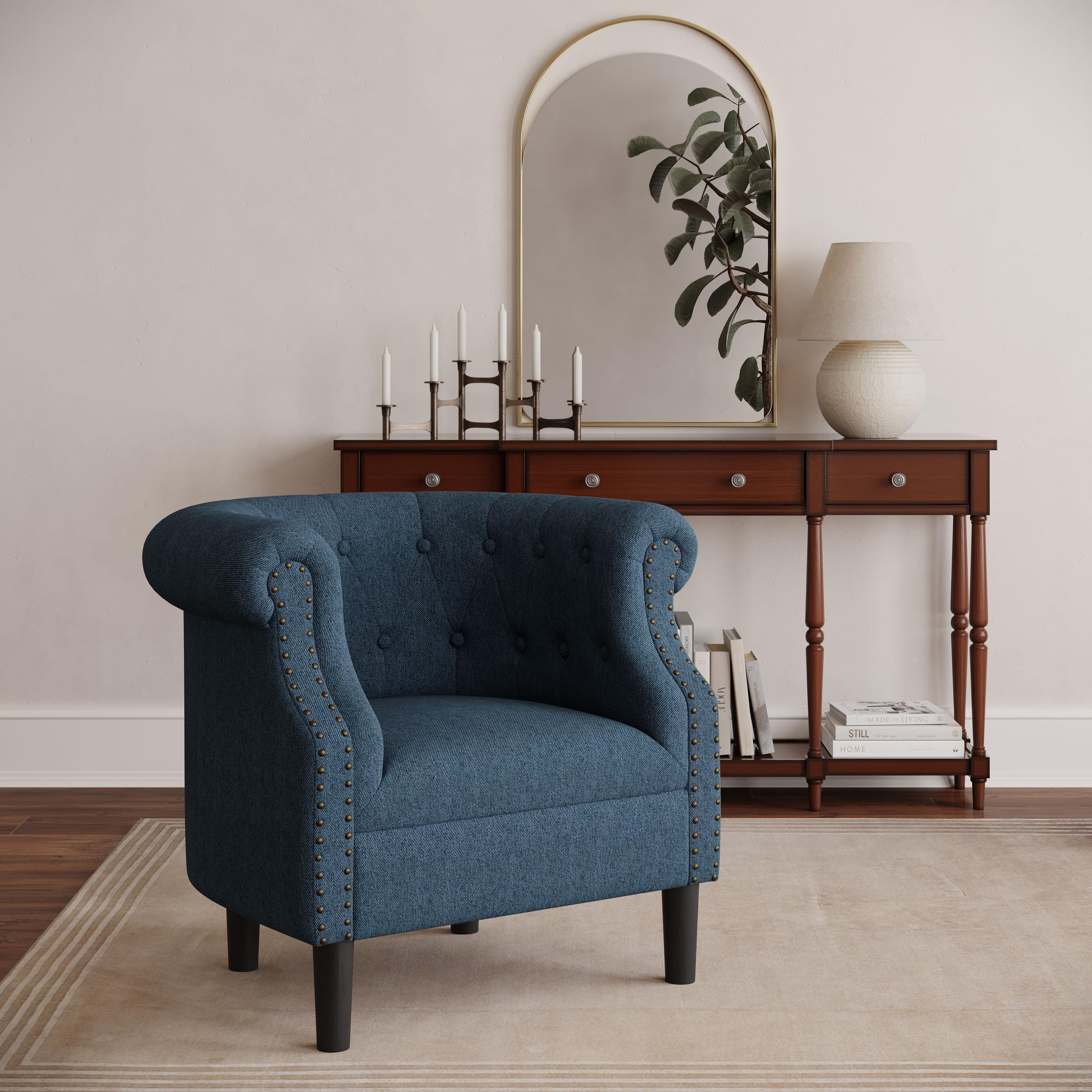 Jofran Lily Transitional Contemporary Upholstered Barrel Curved Back Accent Chair with Nailhead Trim