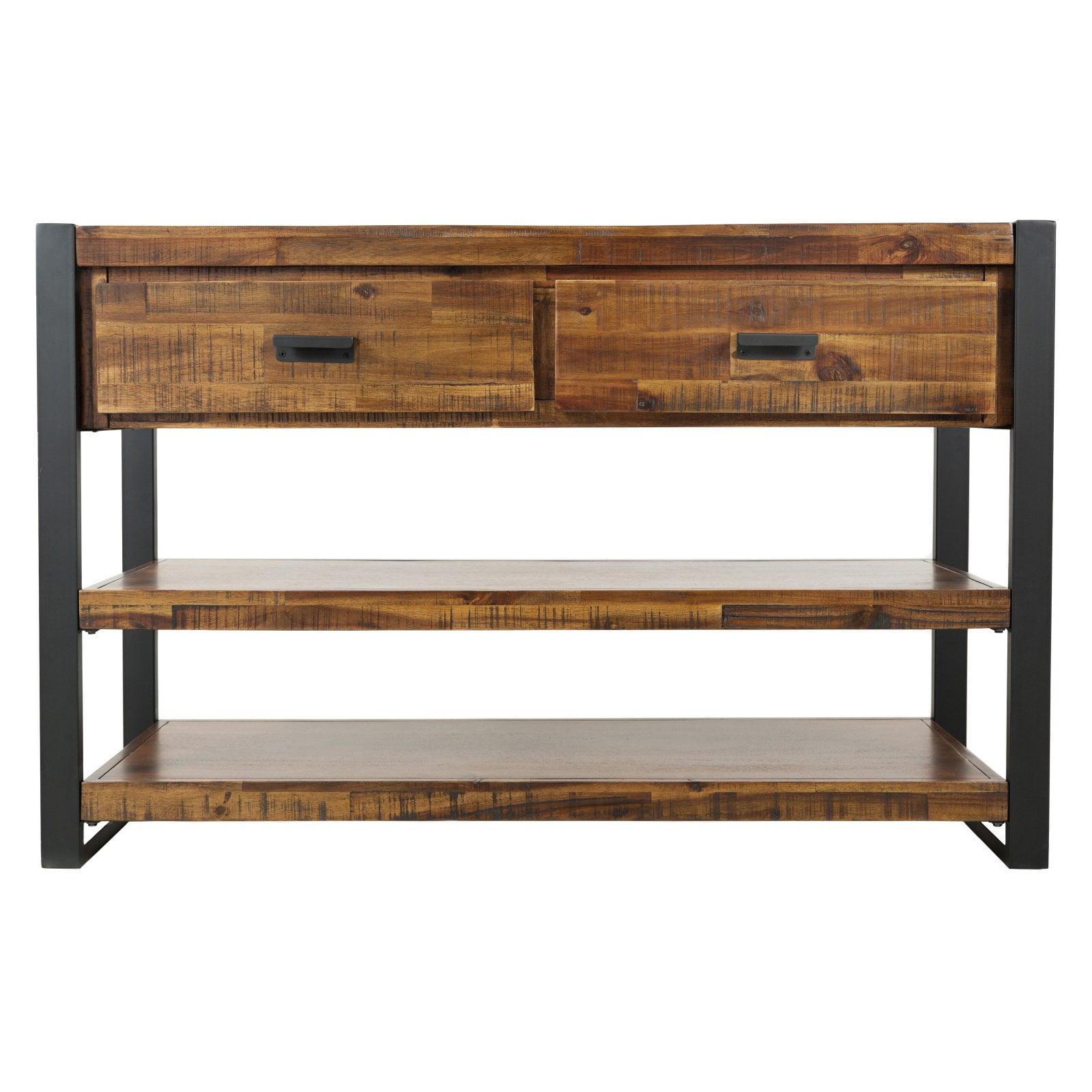 Industrial Brown Acacia Wood and Metal Console Table with Storage