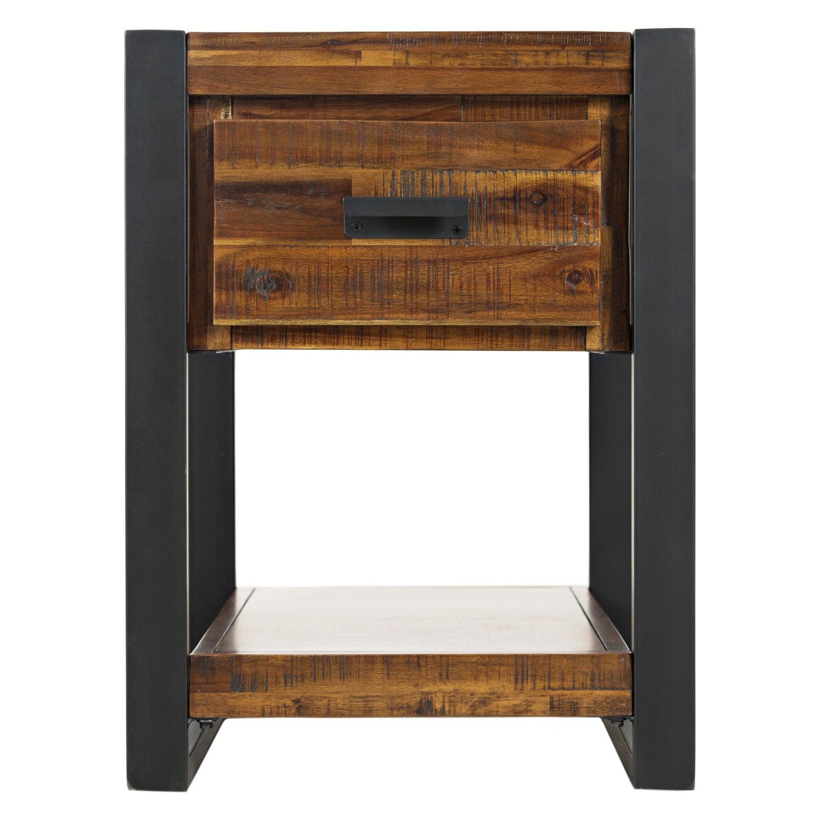 Industrial Brown Acacia Wood and Metal Rectangular Side Table with Storage