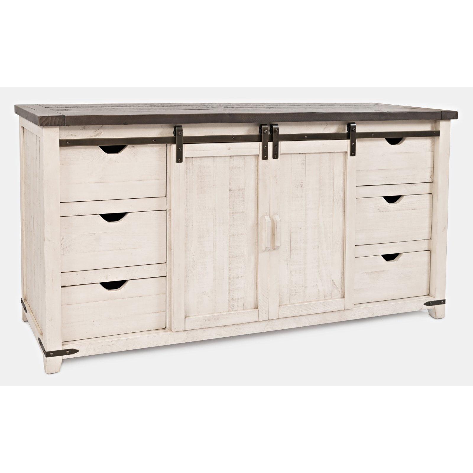 Rustic White Mirrored 60" Pine Barn Door Server with 6 Drawers