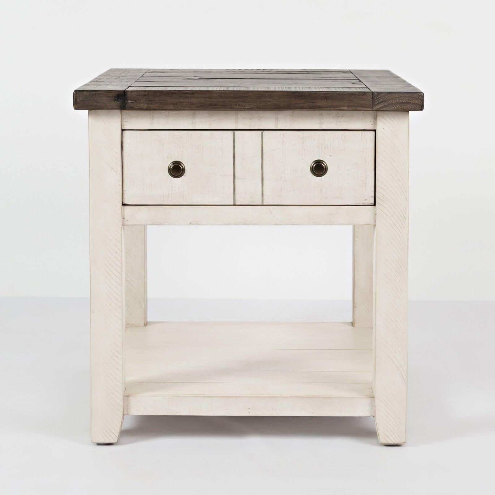 Vintage White Rustic Square End Table with Storage