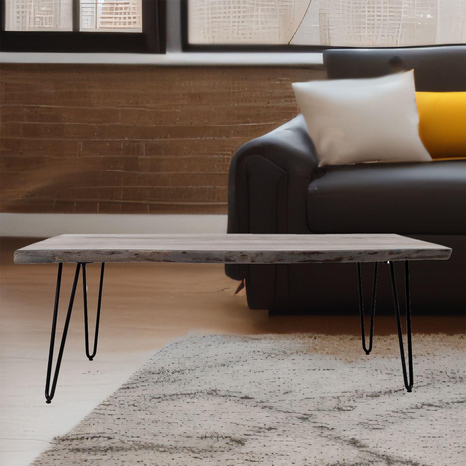 Transitional Slate Gray/Brown Acacia Wood Coffee Table with Metal Legs