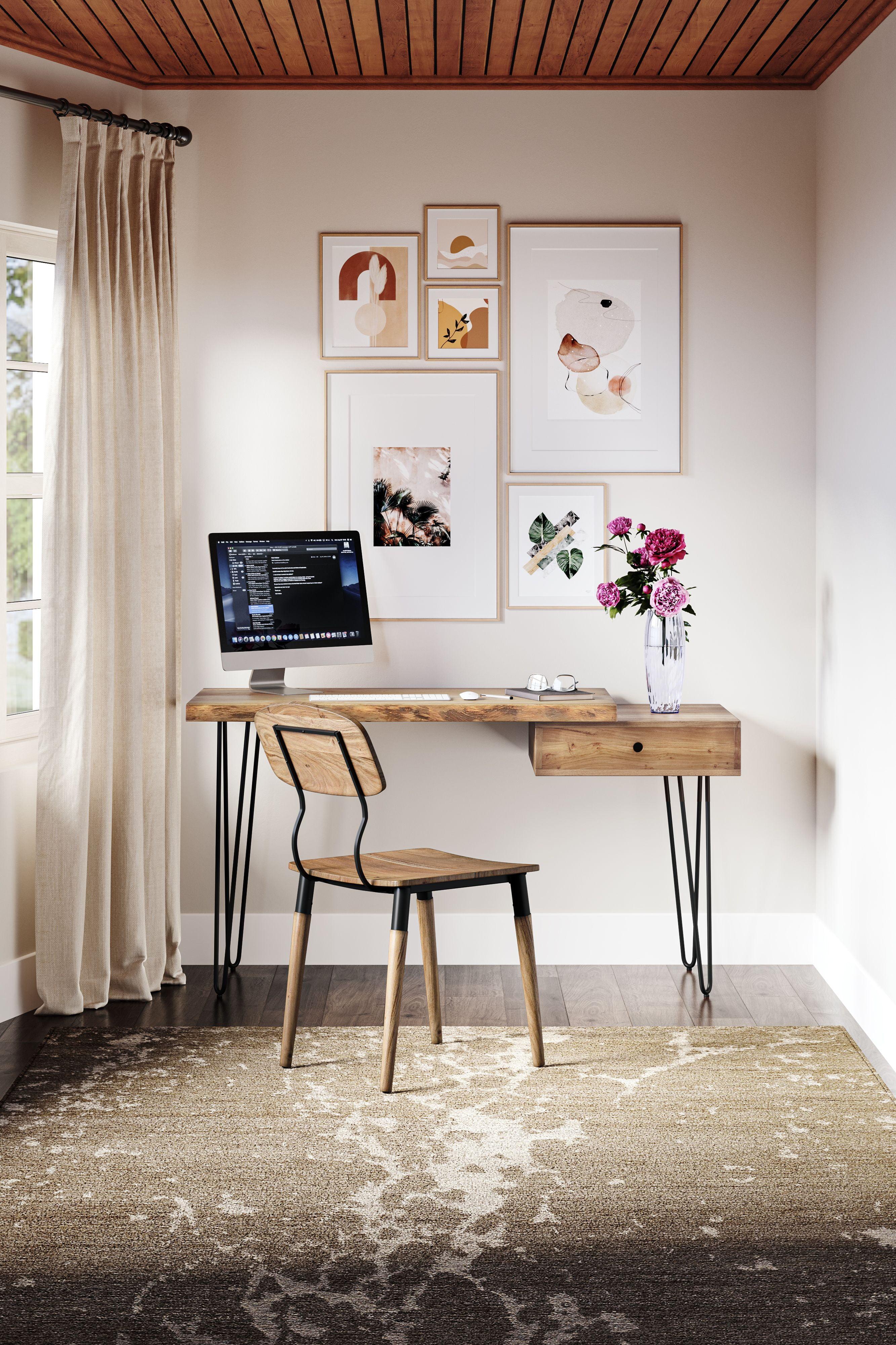 Transitional Natural Acacia 54'' Home Office Desk with Drawer