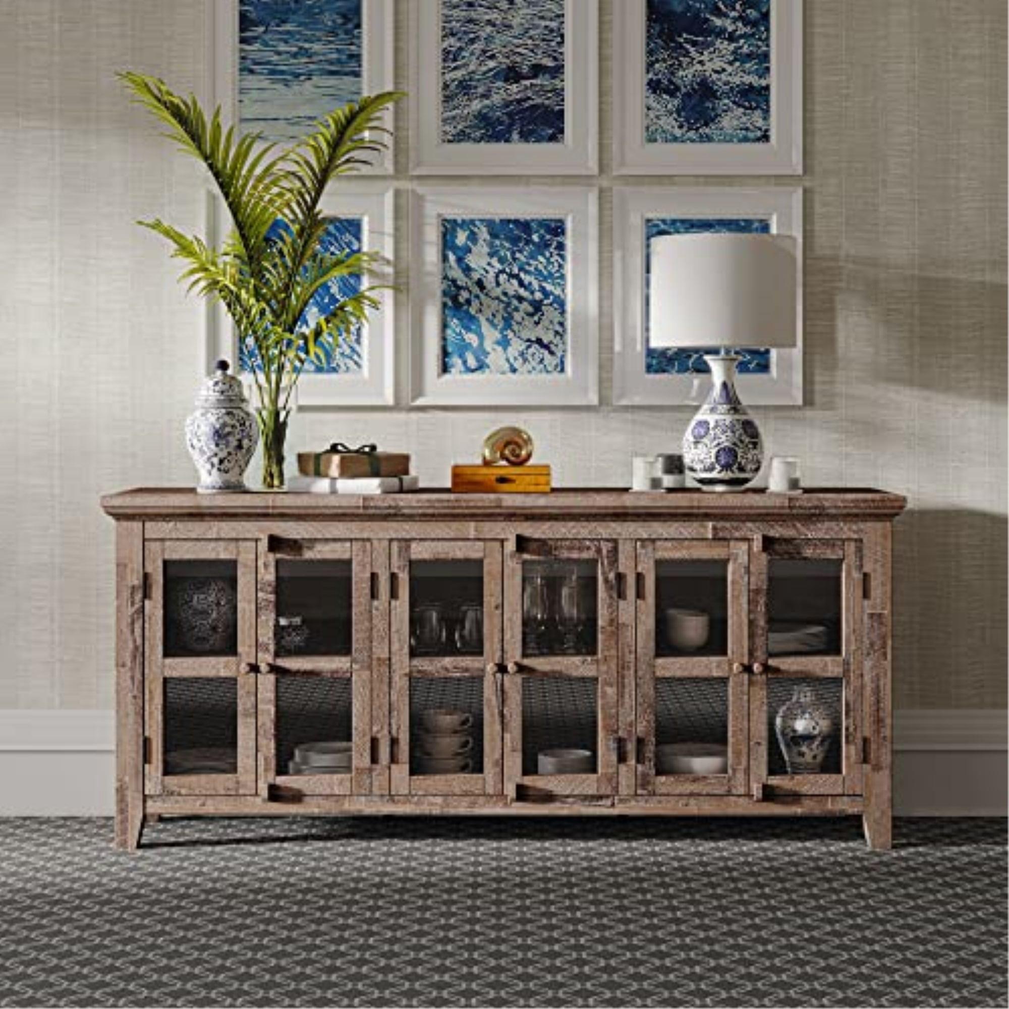 Coastal Gray & Brown Acacia 70" Rustic Six-Door Sideboard