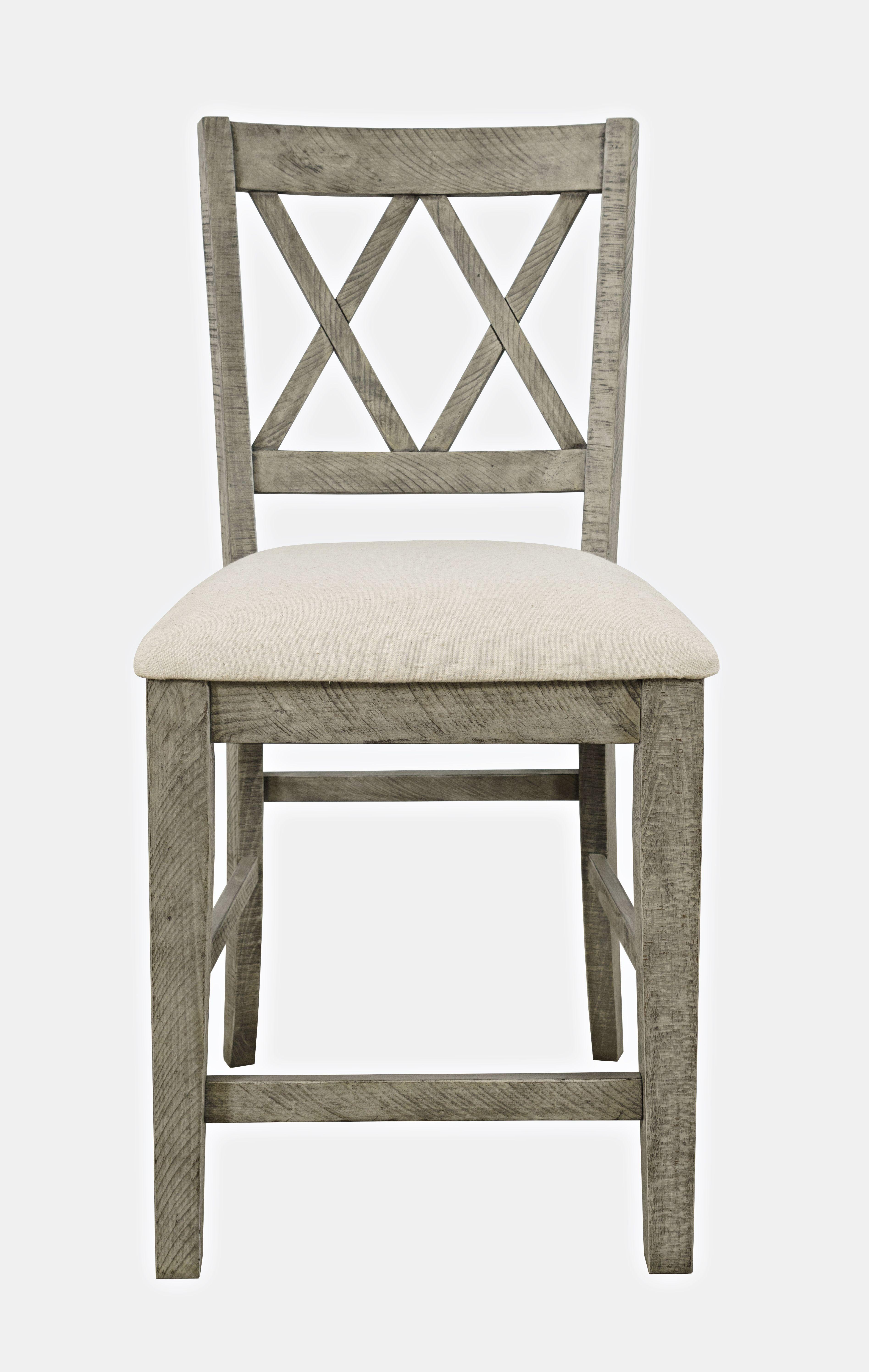 Telluride Driftwood-Grey Distressed Pine Counter Stools with Beige Upholstery, Set of 2