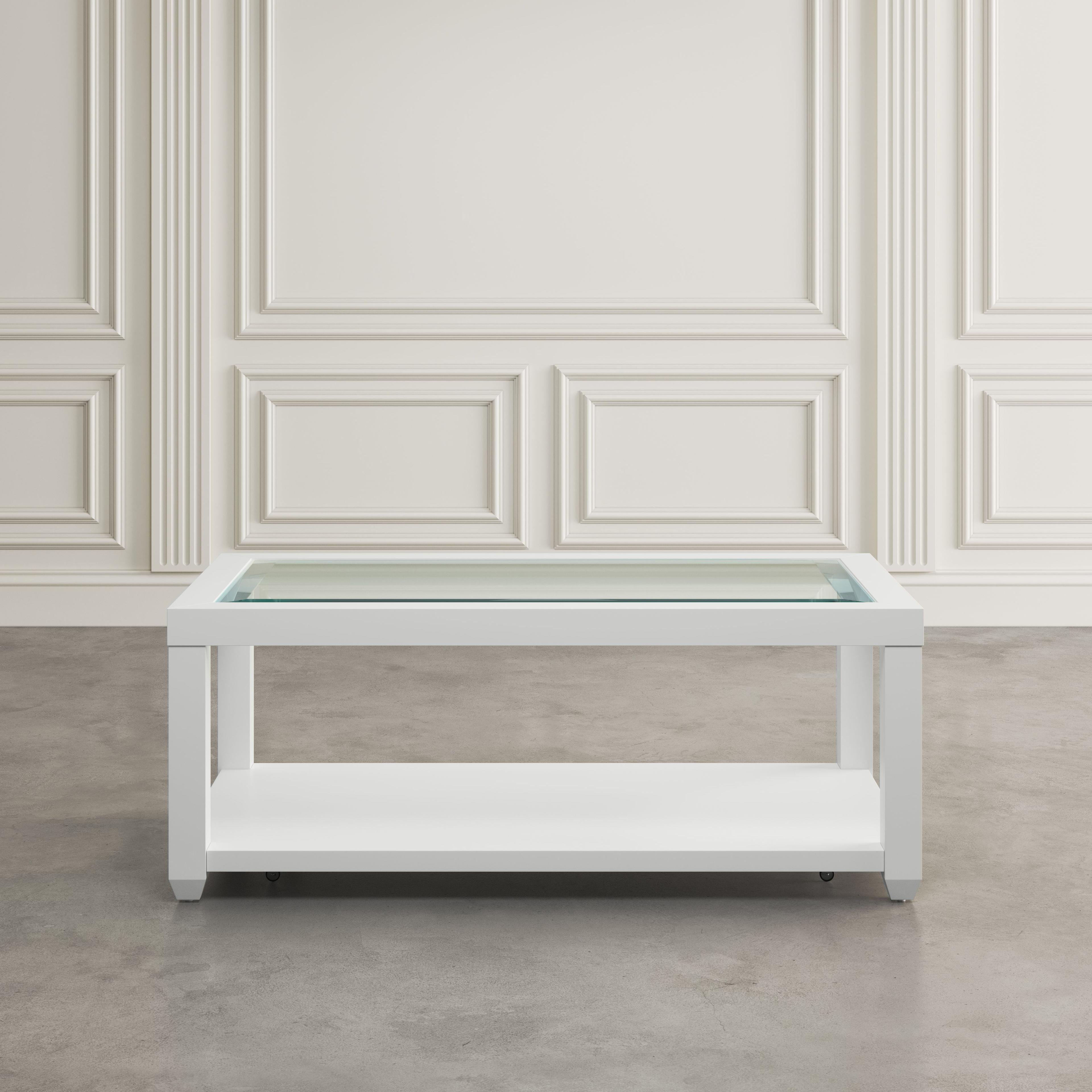 White Rectangular Wood and Glass Coffee Table with Shelf