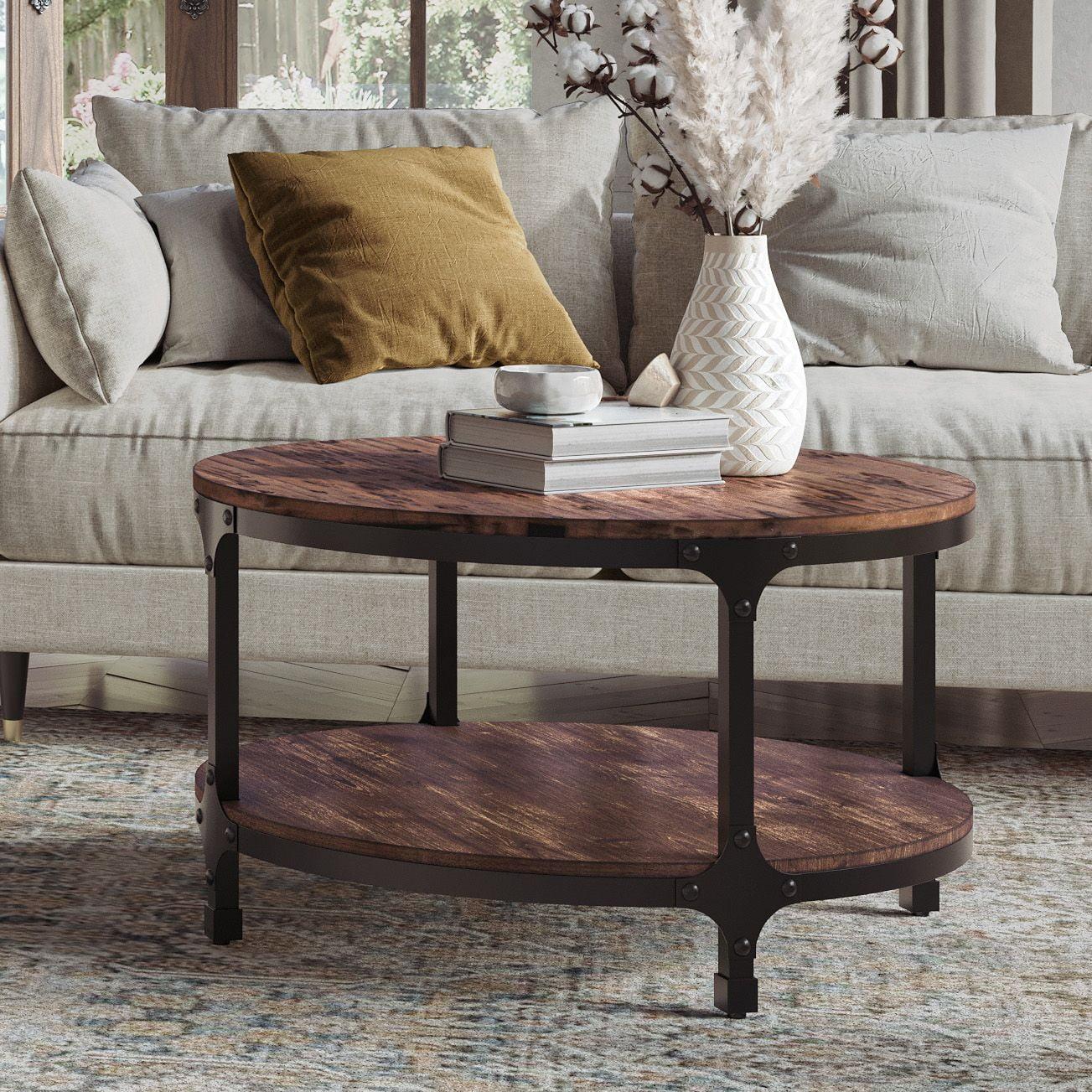 Industrial Round Brown Pine and Steel Coffee Table