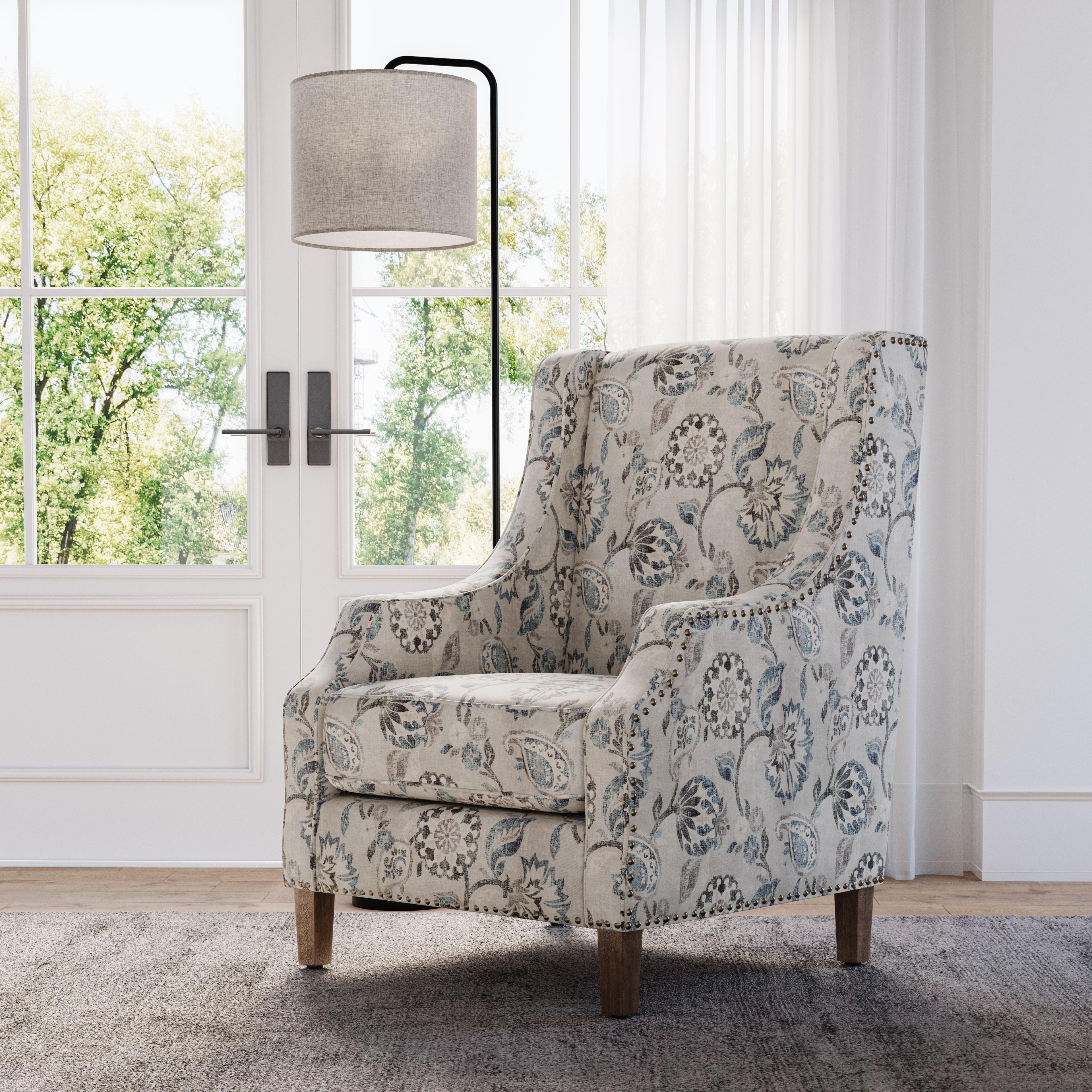 Transitional Slate Velvet Wingback Accent Chair with Nailhead Trim