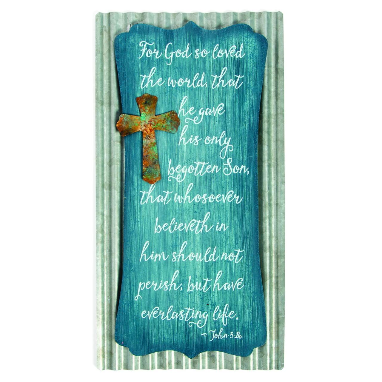 Light Blue Galvanized Metal and Wood John 3:16 Wall Sign