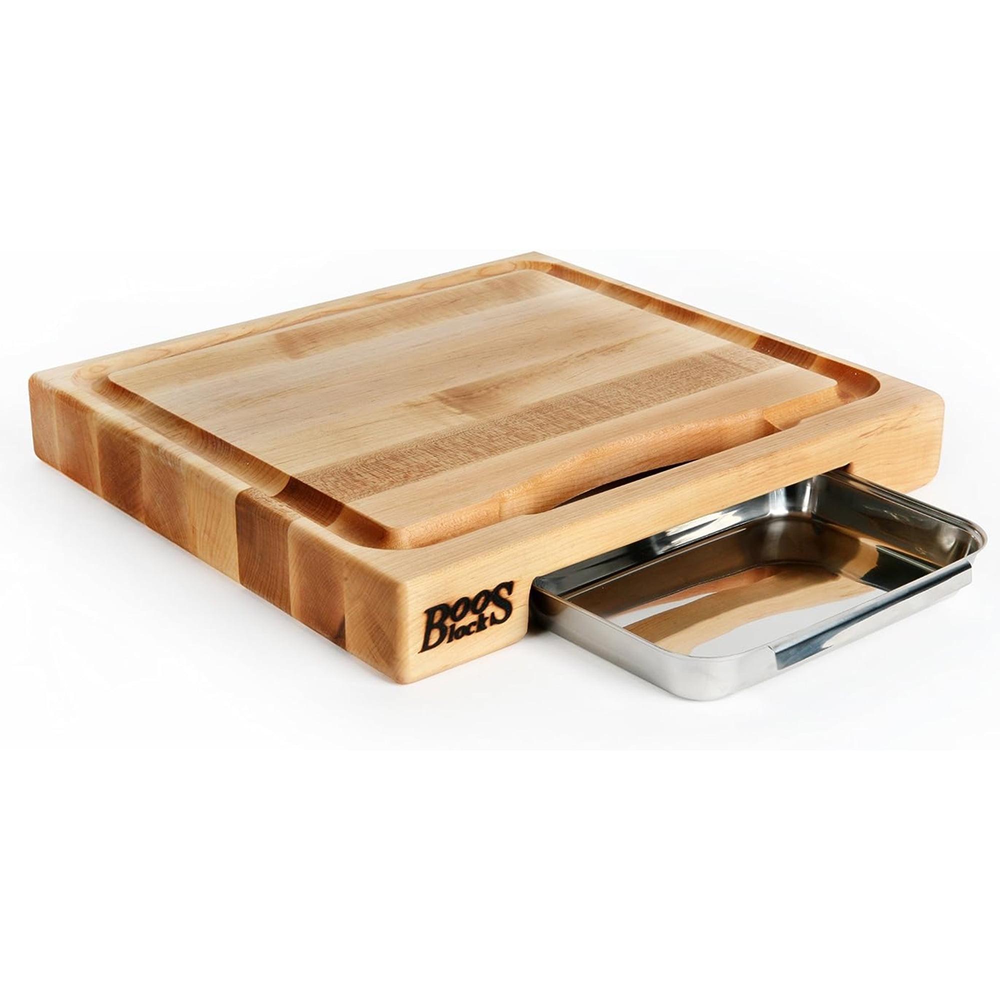 John Boos Boos Block Newton Prep Master Reversible Wood Cutting Board with Juice Groove and Pan, 2.25-Inch Thickness, 15" x 14" x 2 1/4", Maple