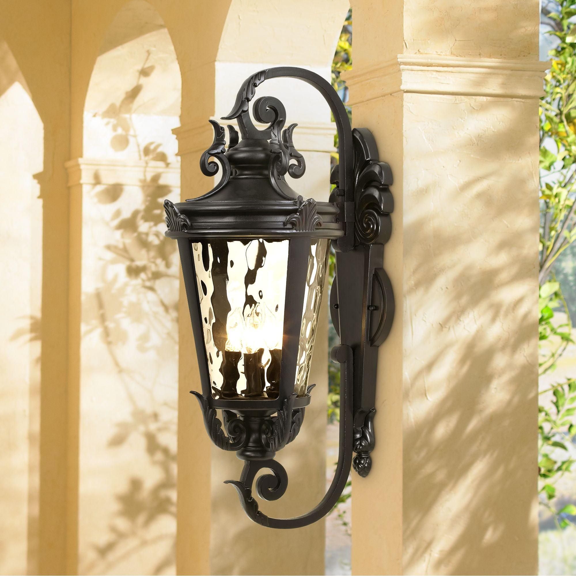 John Timberland Casa Marseille Vintage Rustic Outdoor Wall Light Fixture Black Scroll Arm 27 1/2" Clear Hammered Glass for Post Exterior Barn Deck